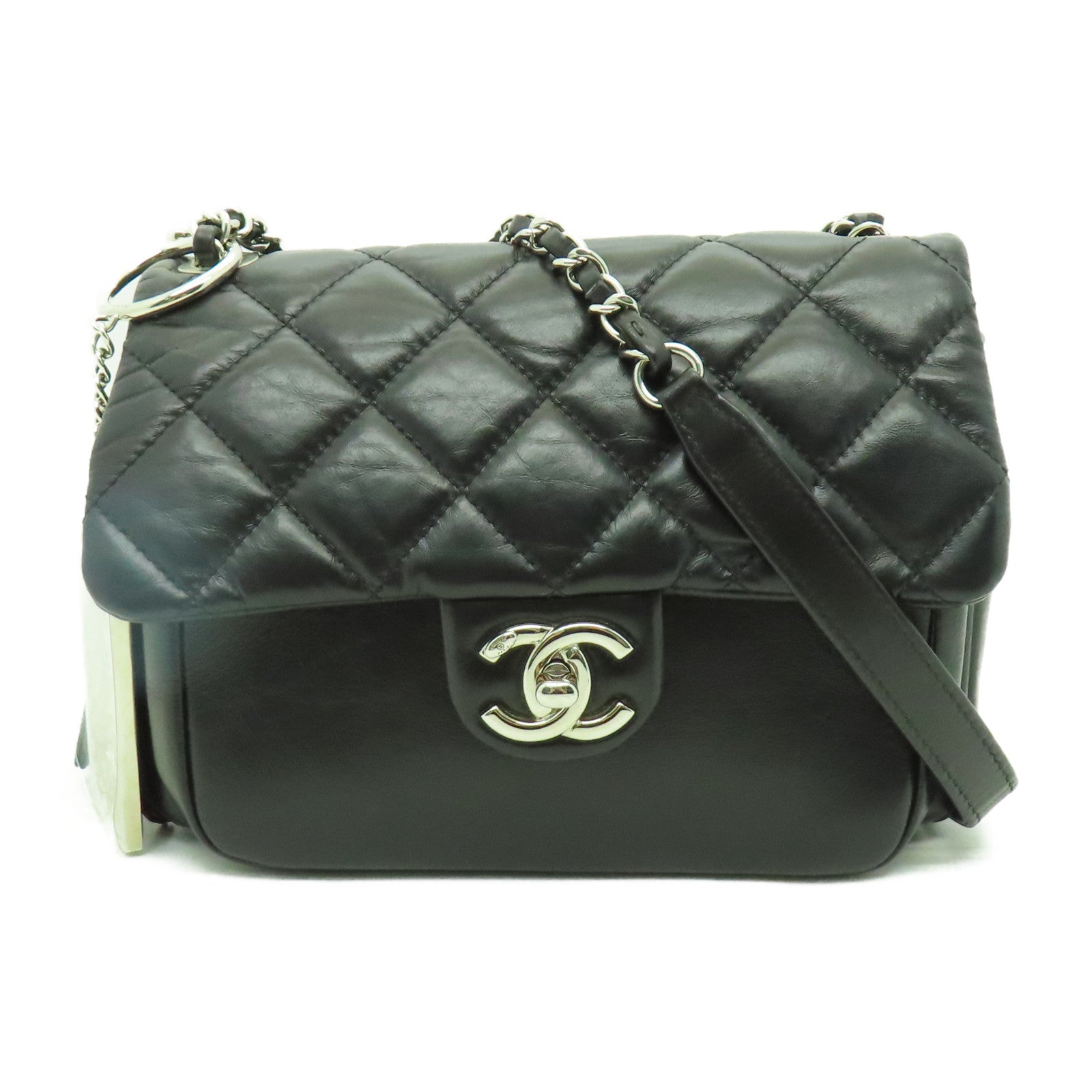 CHANEL 菱格牛皮皮革Chain Shoulder銀扣鏈帶肩背袋黑色