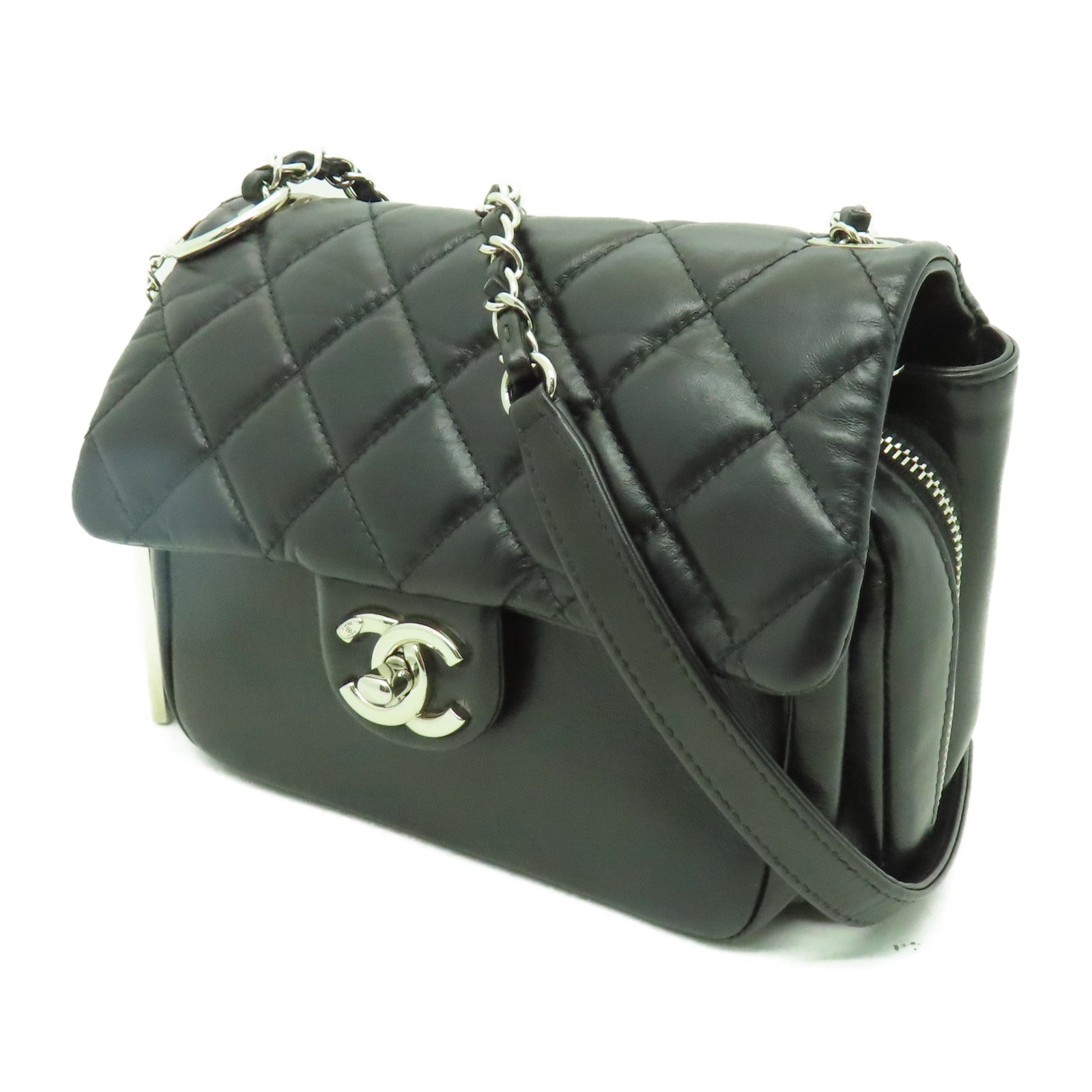 CHANEL 菱格牛皮皮革Chain Shoulder銀扣鏈帶肩背袋黑色