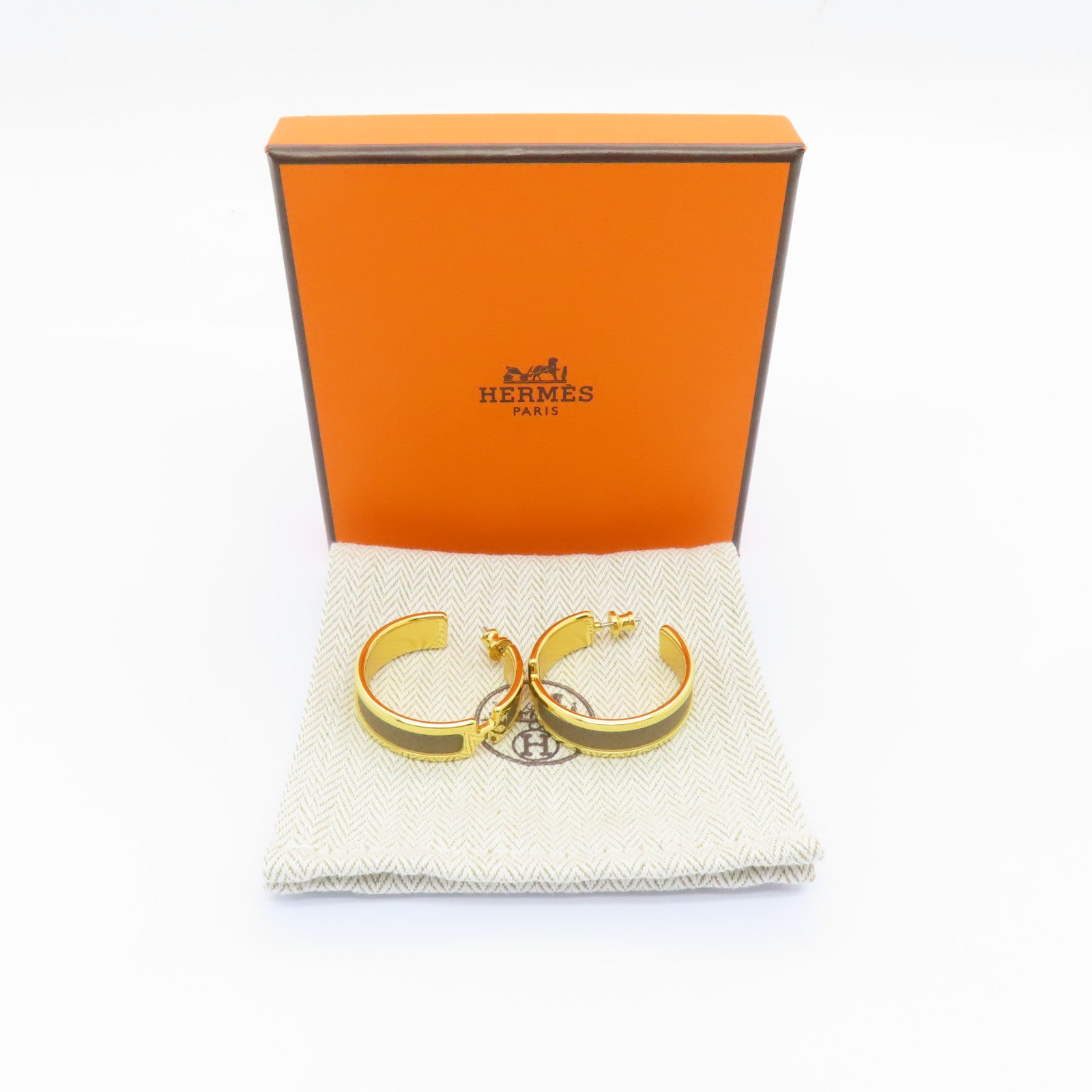 HERMES Epsom皮革/镀金Olympe Earrings金扣耳环金色/啡色
