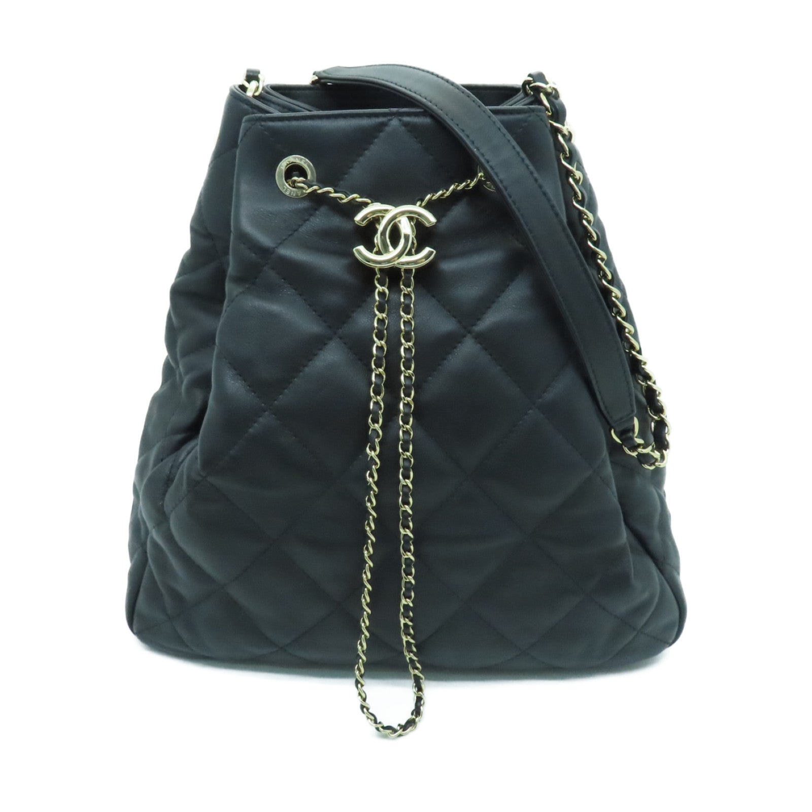 CHANEL 菱格牛皮皮革Chain Shoulder Bag金扣鏈帶肩背袋黑色