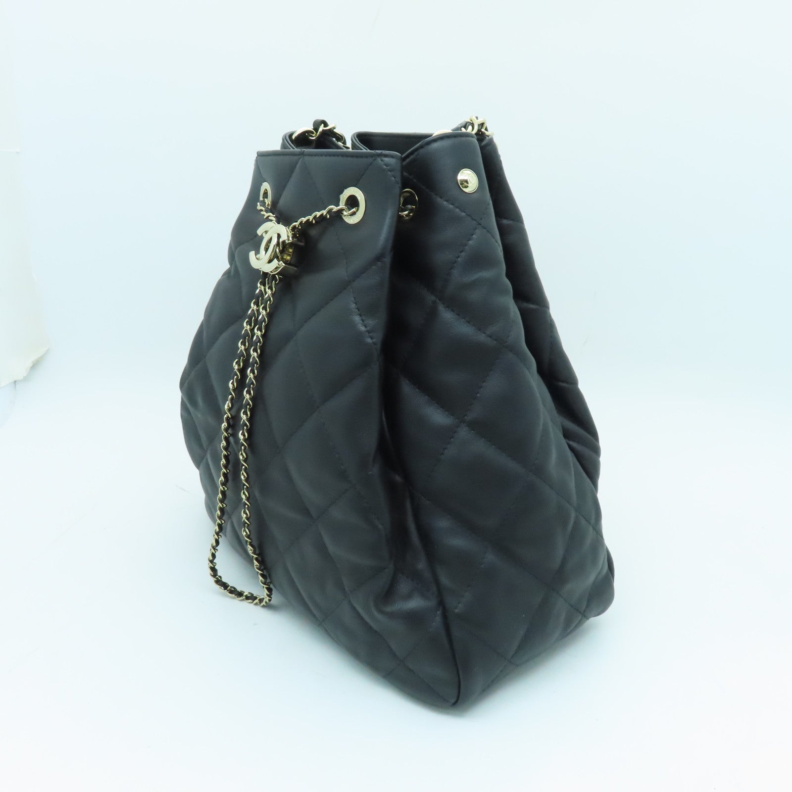 CHANEL 菱格牛皮皮革Chain Shoulder Bag金扣鏈帶肩背袋黑色