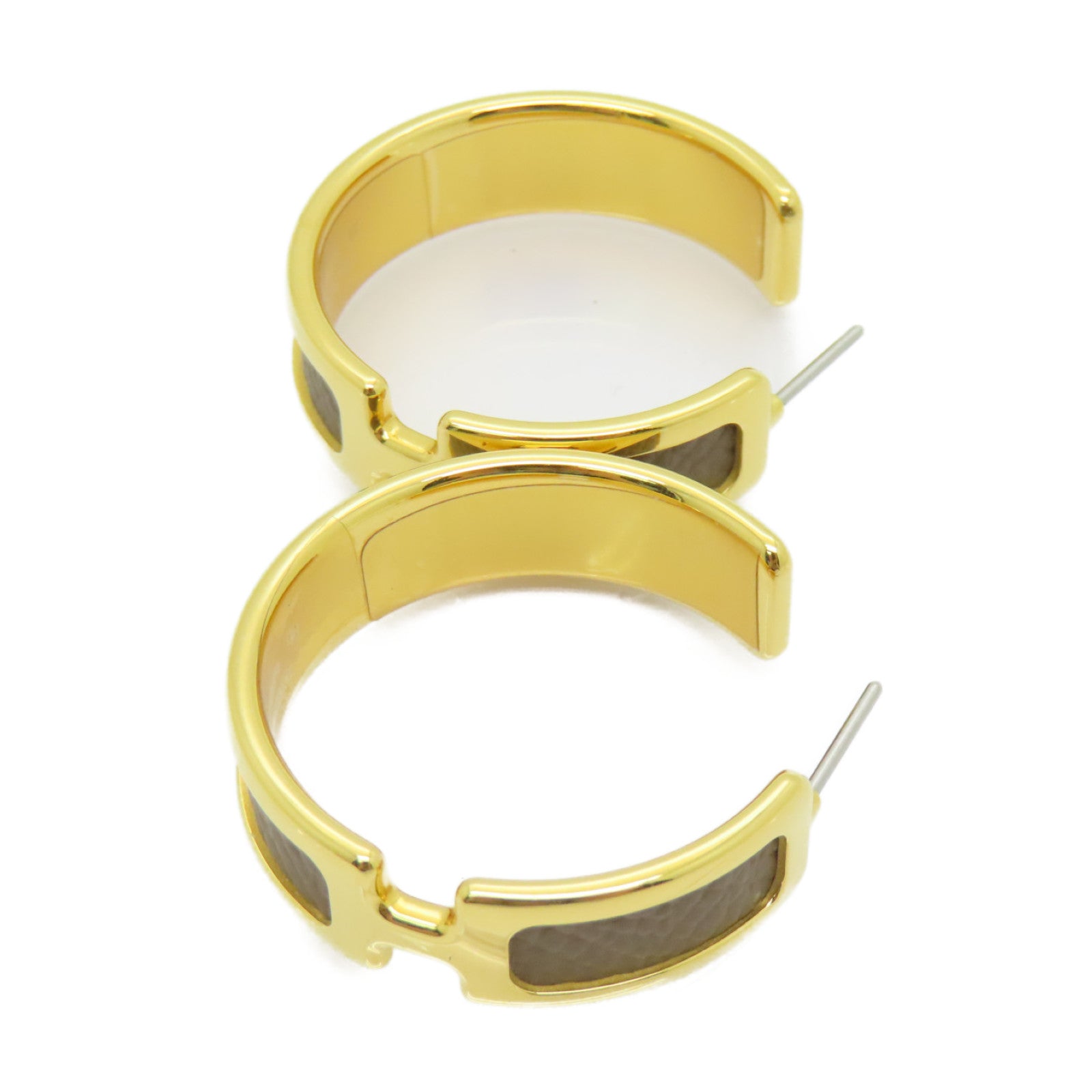 HERMES Epsom皮革/镀金Olympe Earrings金扣耳环金色/啡色