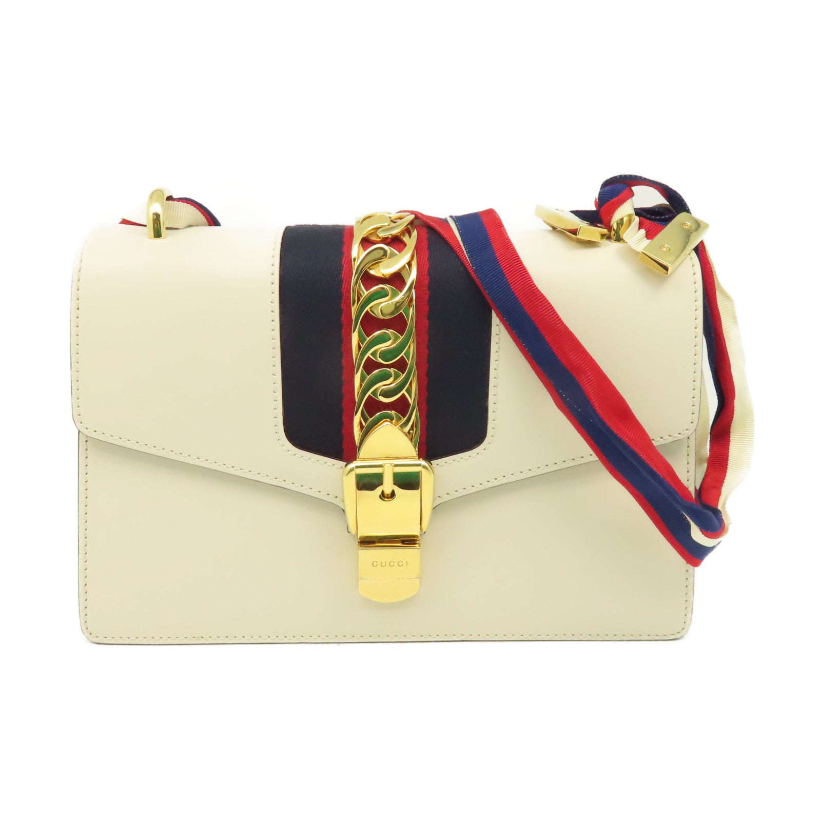 GUCCI 【激減優惠】牛皮皮革Sylvie Small Shoulder Bag金扣肩背袋米白色