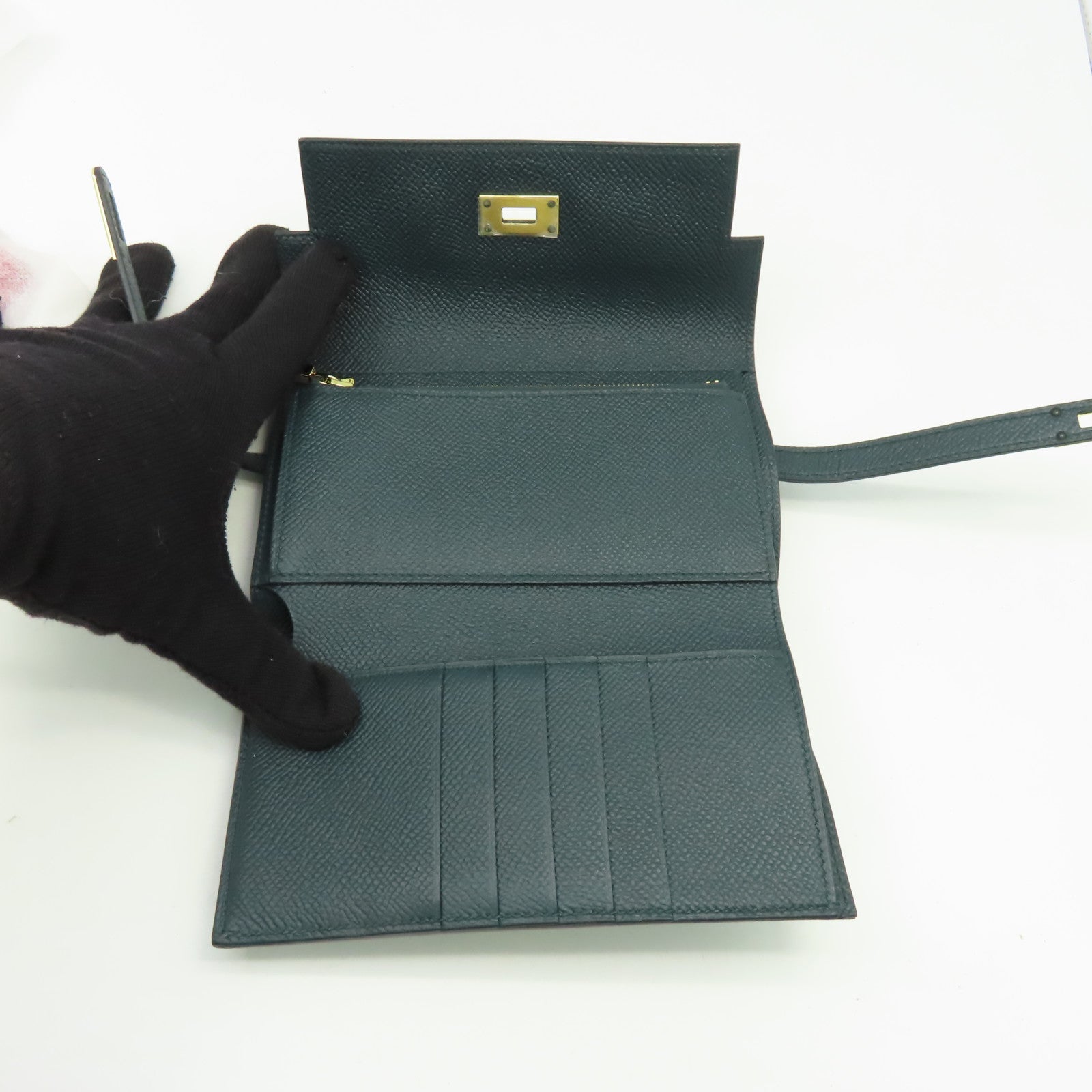 HERMES Epsom皮革Kelly Wallet金扣長錢包Vert Cypres/松柏綠色