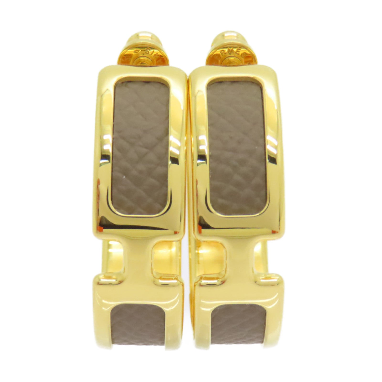 HERMES Epsom皮革/镀金Olympe Earrings金扣耳环金色/啡色
