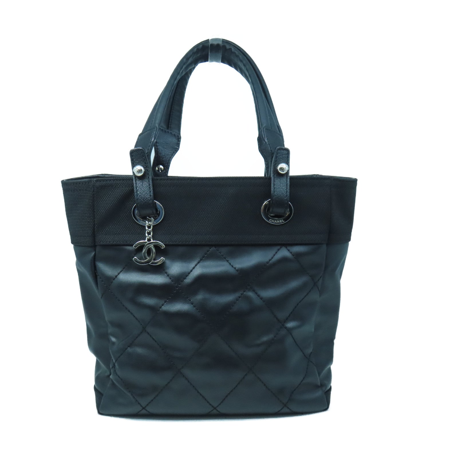 CHANEL cowhide leather Handbag silver buckle handle bag black