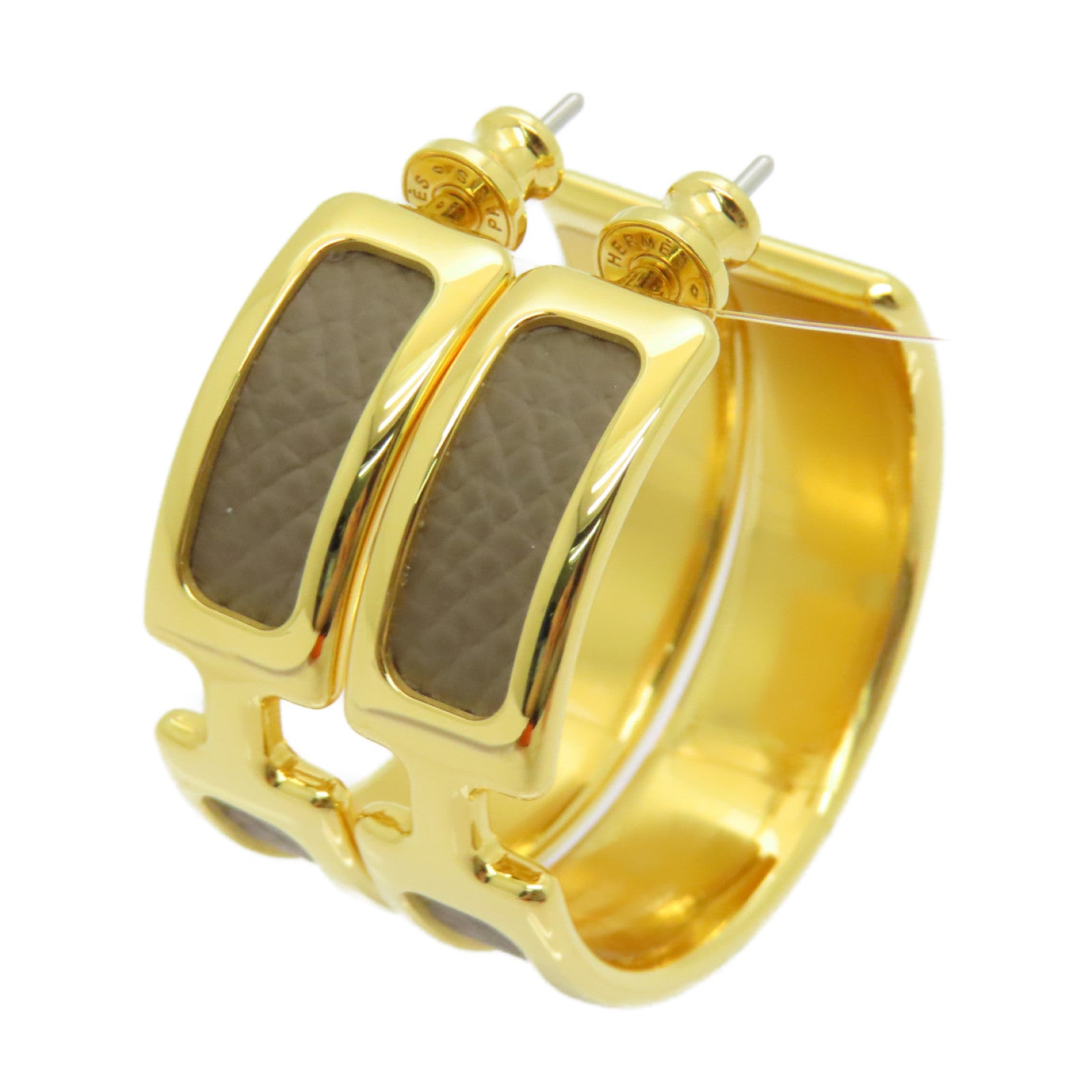 HERMES Epsom皮革/镀金Olympe Earrings金扣耳环金色/啡色