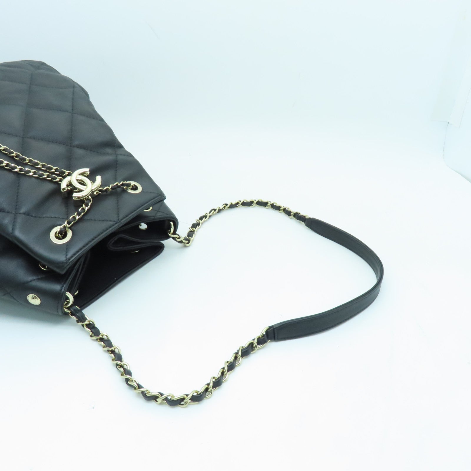 CHANEL 菱格牛皮皮革Chain Shoulder Bag金扣鏈帶肩背袋黑色