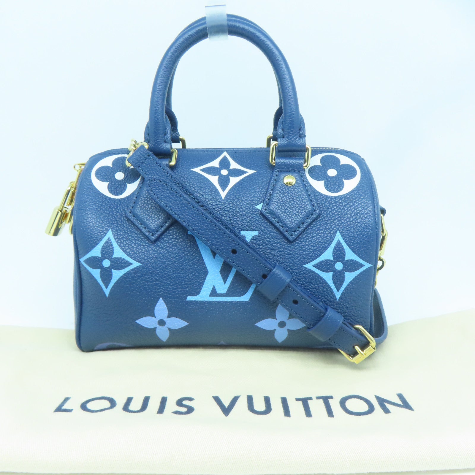 LOUIS VUITTON Monogram Empreinte Speedy Bandouliere 20金扣手挽肩背兩用袋藍色