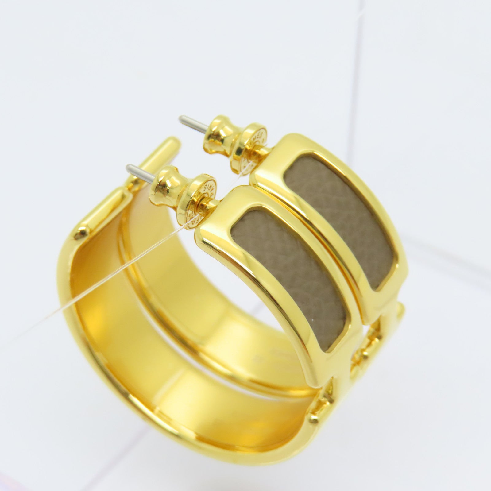 HERMES Epsom皮革/镀金Olympe Earrings金扣耳环金色/啡色