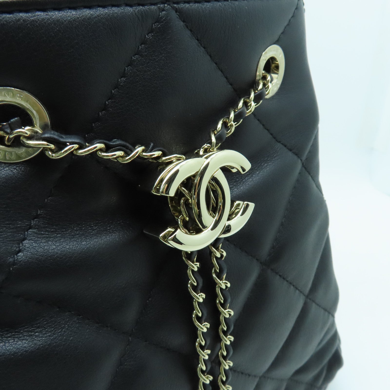 CHANEL 菱格牛皮皮革Chain Shoulder Bag金扣鏈帶肩背袋黑色