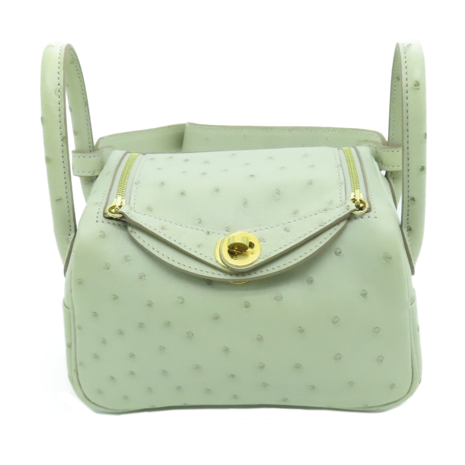 HERMES 鴕鳥皮革Mini Lindy金扣肩背袋淺灰色