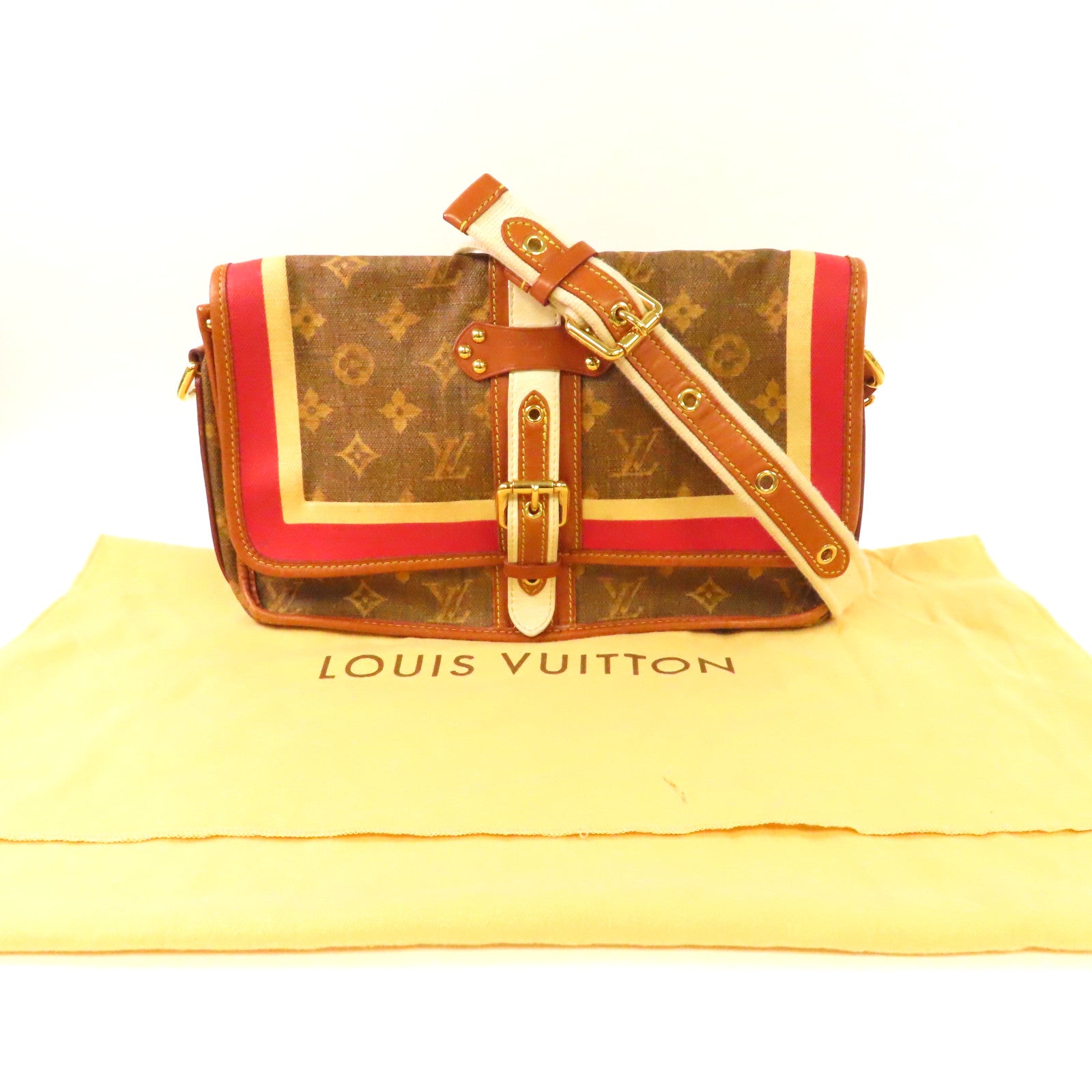 LOUIS VUITTON Monogram Tissue Rayures金扣肩背袋啡色/紅色/白色
