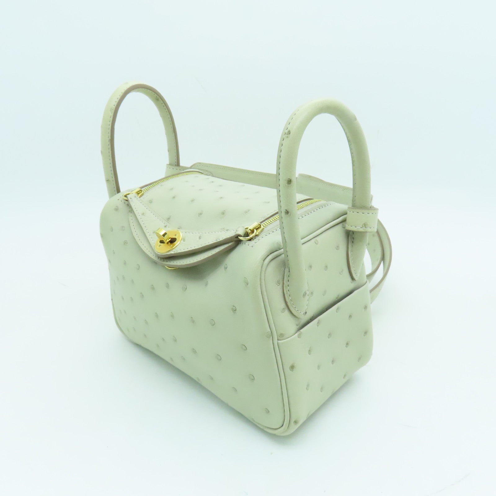 HERMES 鴕鳥皮革Mini Lindy金扣肩背袋淺灰色