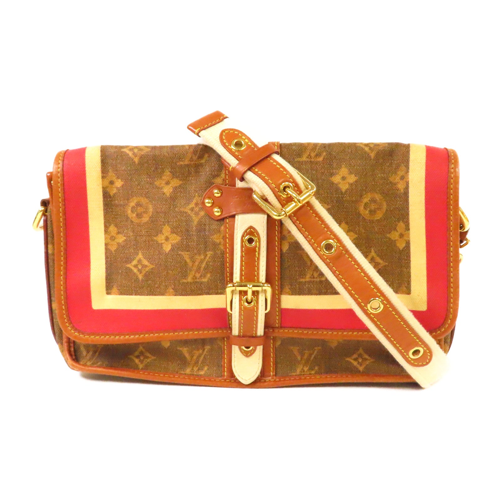LOUIS VUITTON Monogram Tissue Rayures金扣肩背袋啡色/紅色/白色
