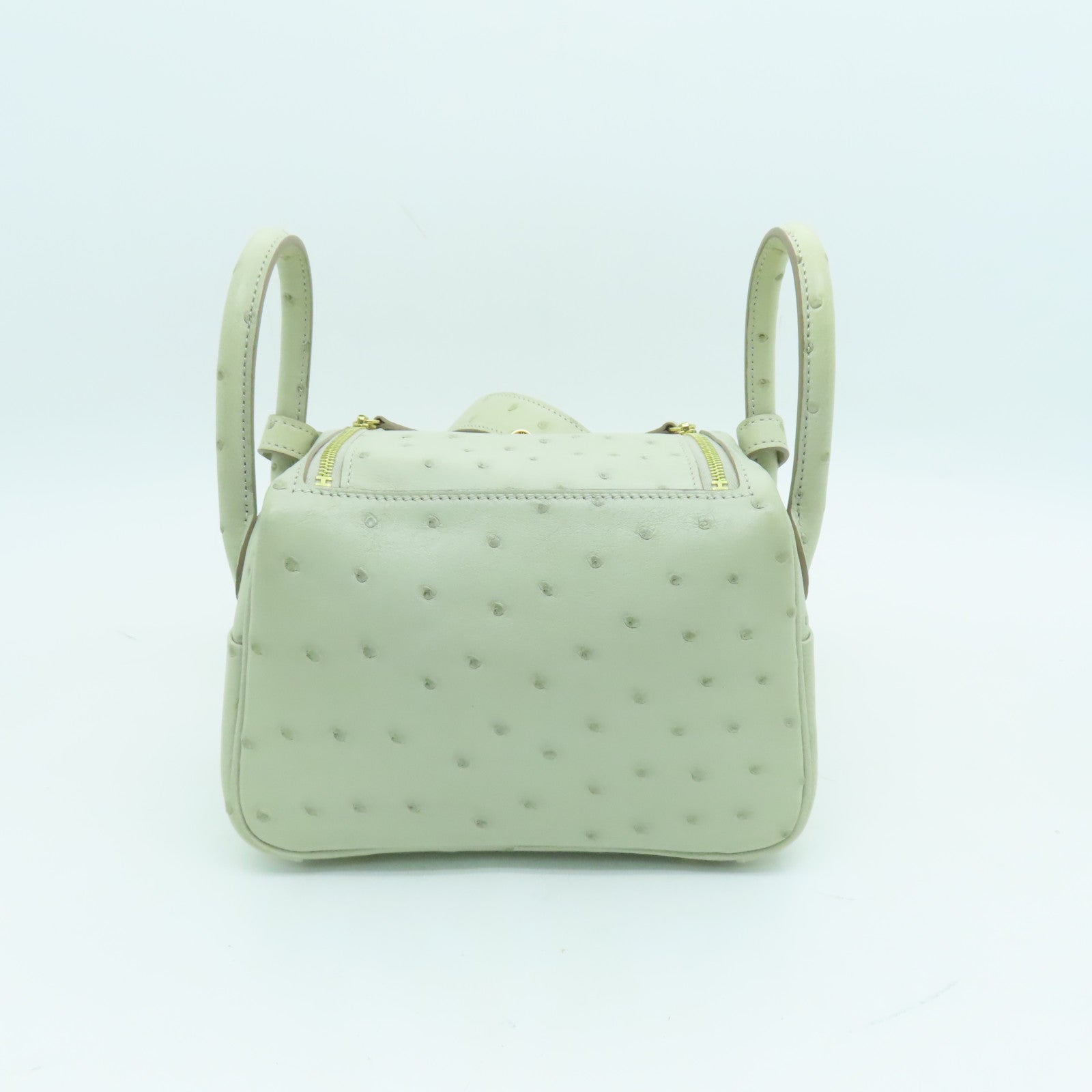 HERMES 鴕鳥皮革Mini Lindy金扣肩背袋淺灰色
