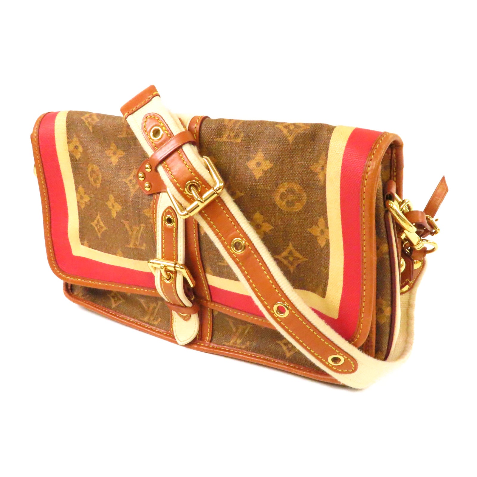 LOUIS VUITTON Monogram Tissue Rayures金扣肩背袋啡色/紅色/白色