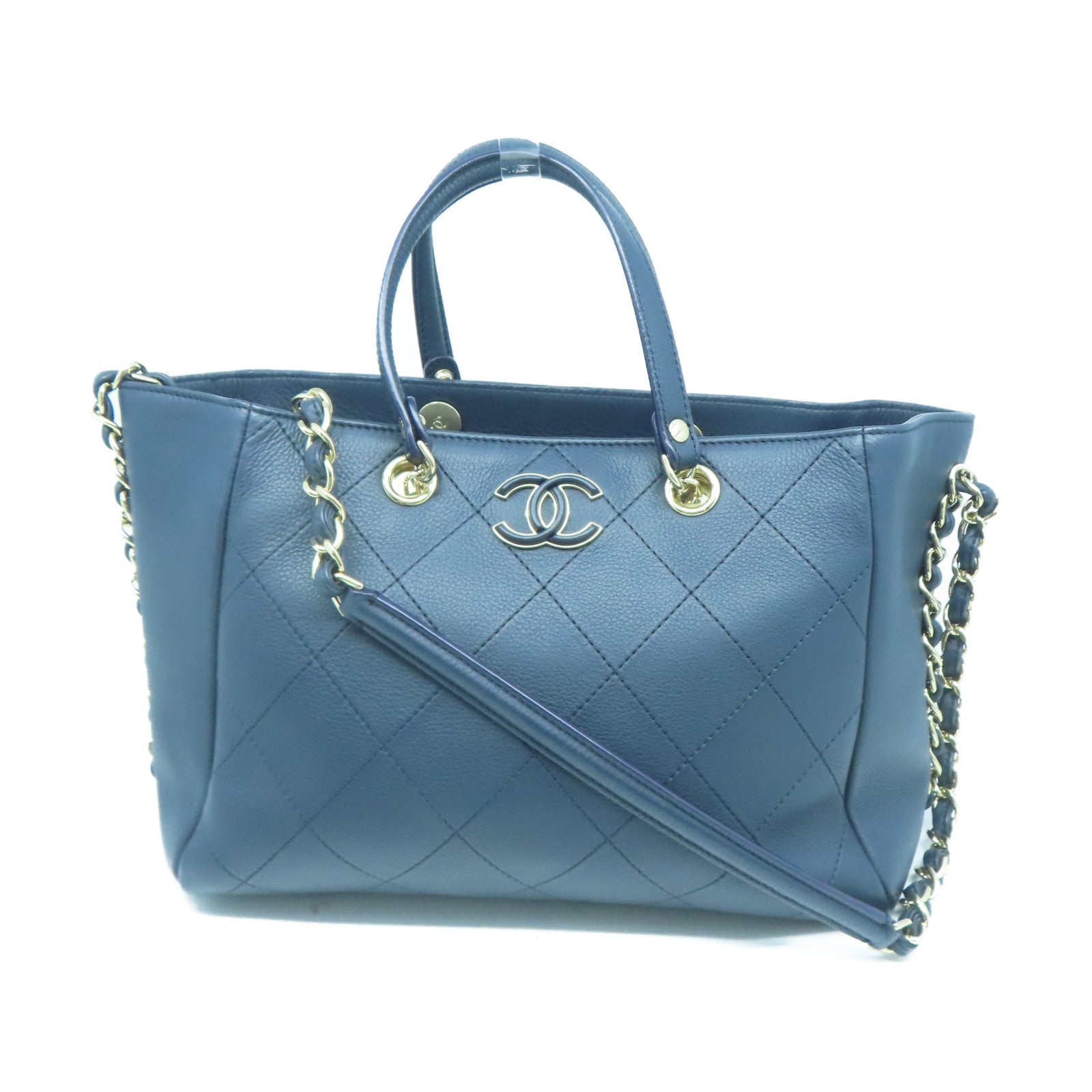 CHANEL 菱格牛皮皮革Tote Bag金扣鏈帶手挽肩背兩用袋藍色