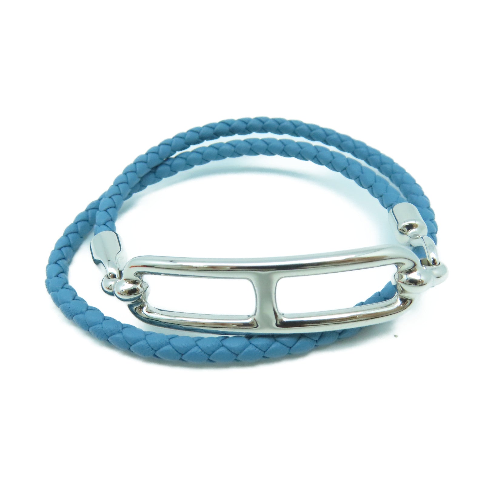 HERMES Swift皮革Roulis Double Tour Bracelet銀扣手鏈藍色