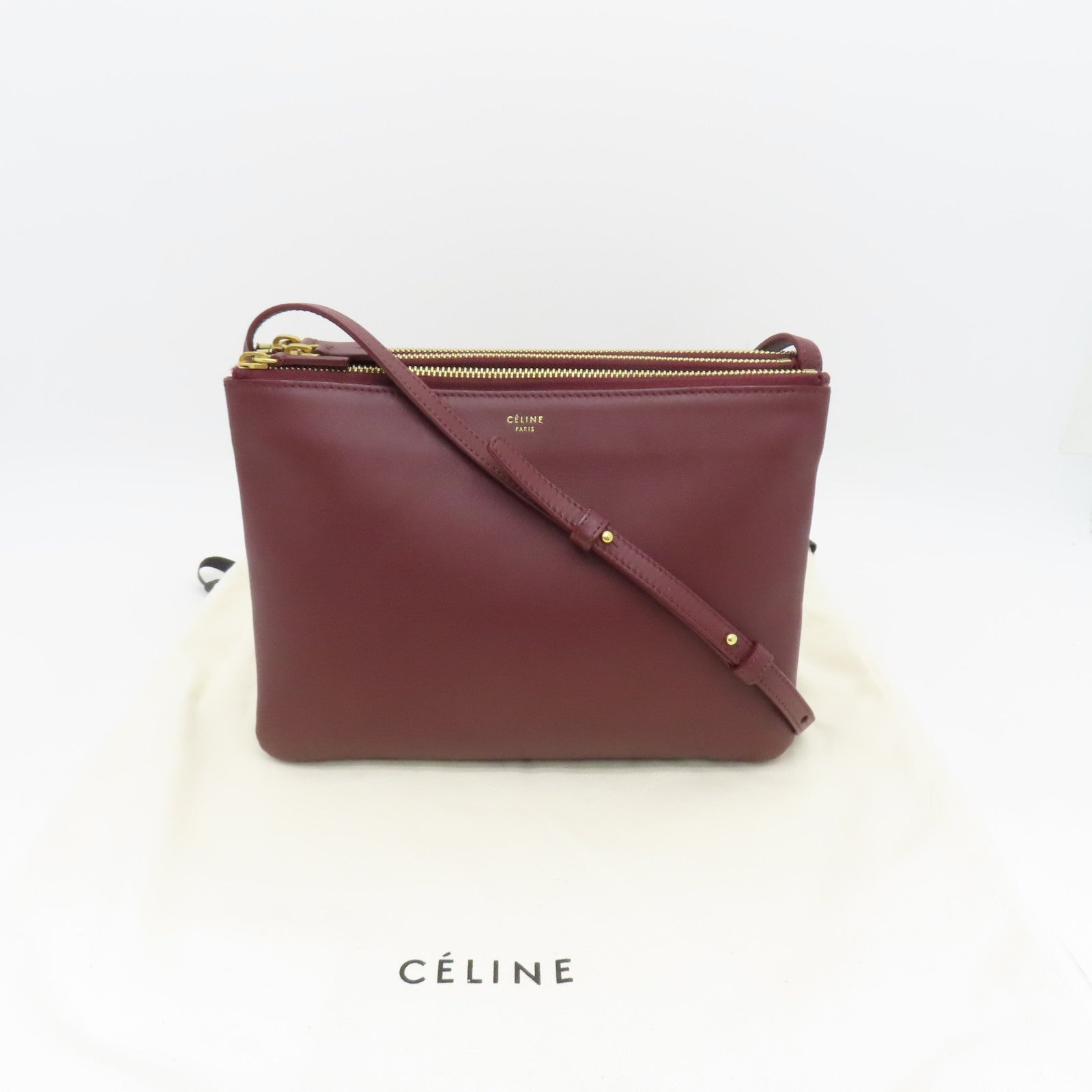 CELINE 羊皮皮革Trio金扣肩背袋酒紅色