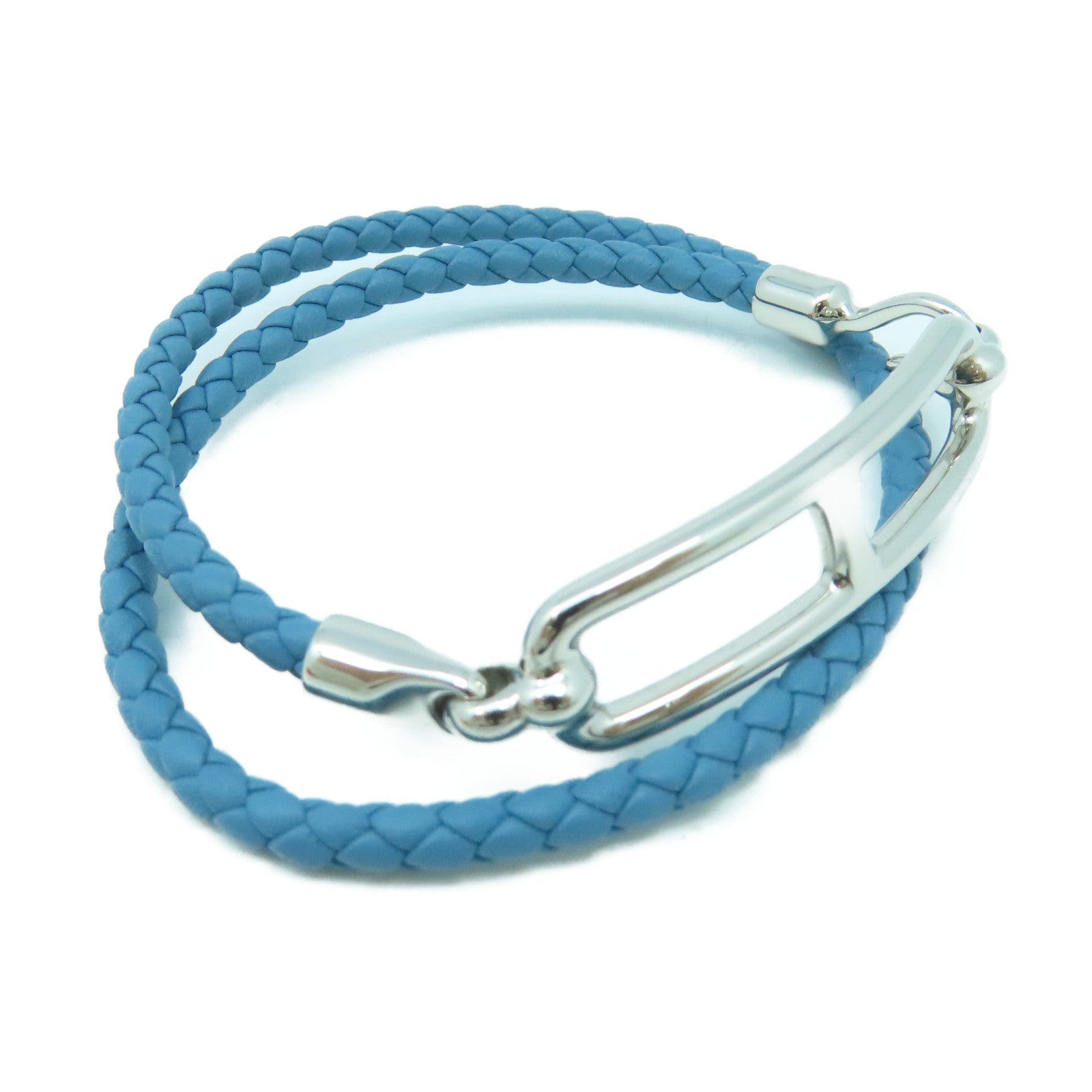 HERMES Swift皮革Roulis Double Tour Bracelet銀扣手鏈藍色