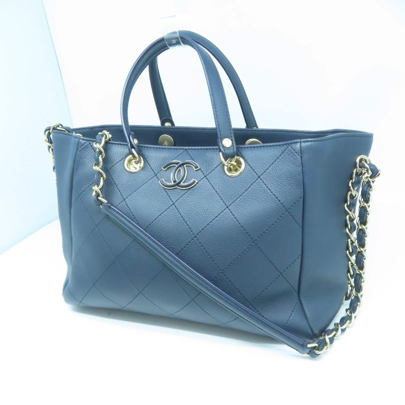 CHANEL 菱格牛皮皮革Tote Bag金扣鏈帶手挽肩背兩用袋藍色
