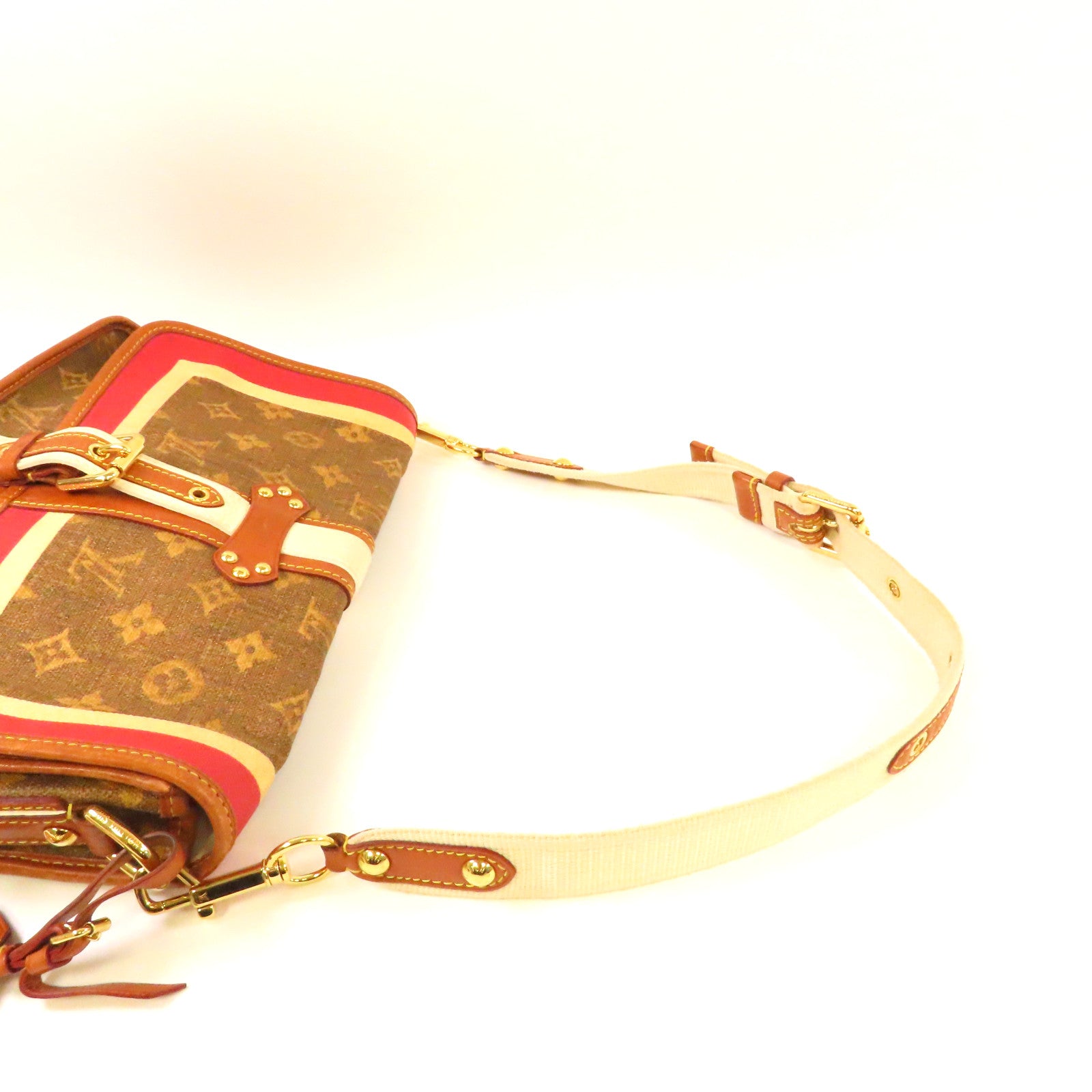 LOUIS VUITTON Monogram Tissue Rayures金扣肩背袋啡色/紅色/白色