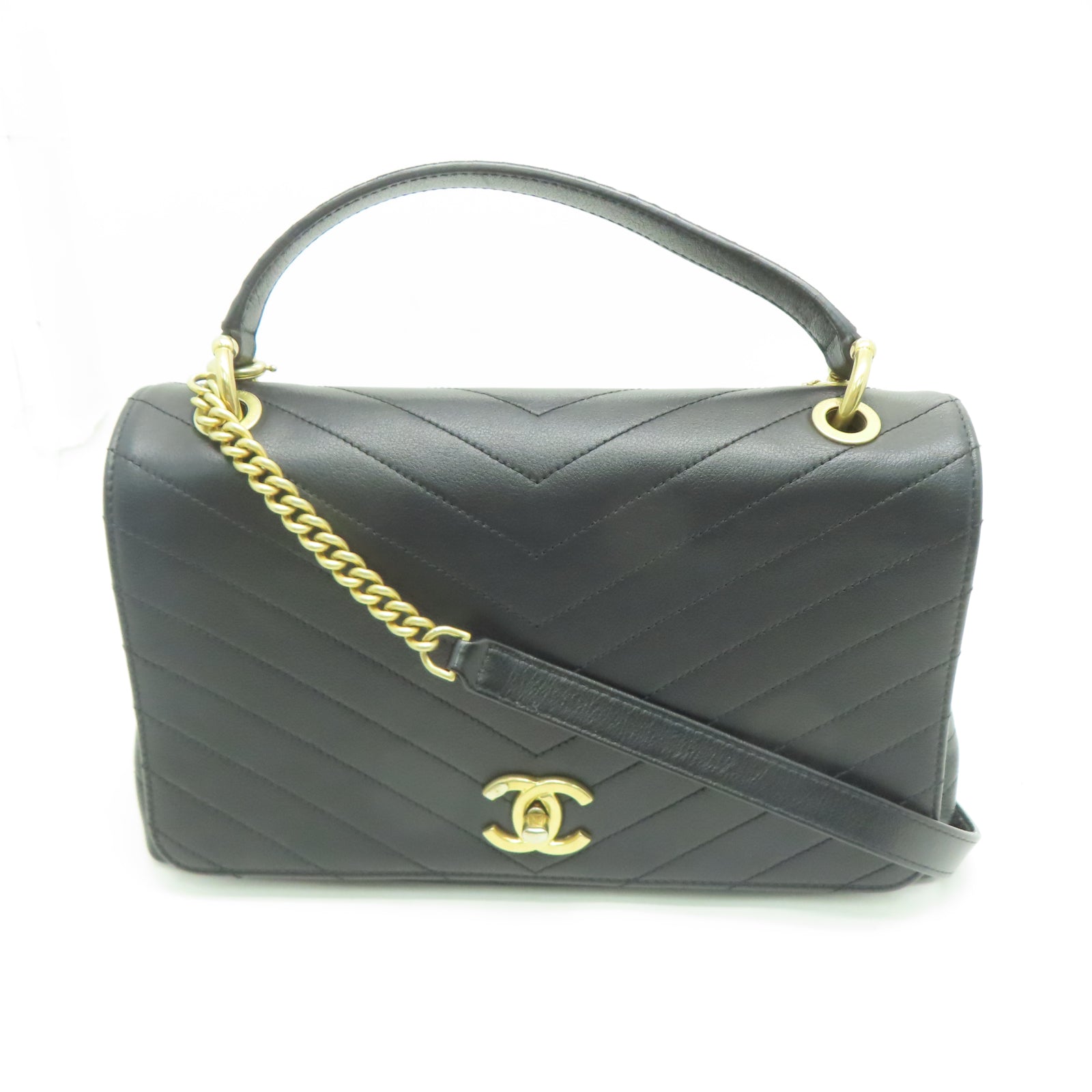 CHANEL 斜纹牛皮皮革/蛇皮皮革2 Way Shoulder Bag金扣链带肩背袋黑色