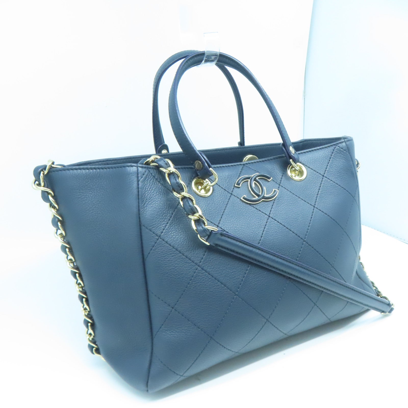 CHANEL 菱格牛皮皮革Tote Bag金扣鏈帶手挽肩背兩用袋藍色