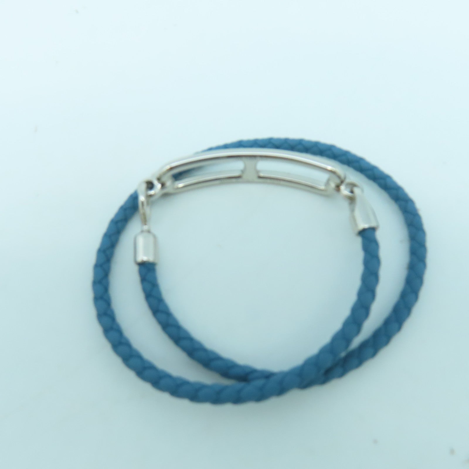 HERMES Swift皮革Roulis Double Tour Bracelet銀扣手鏈藍色
