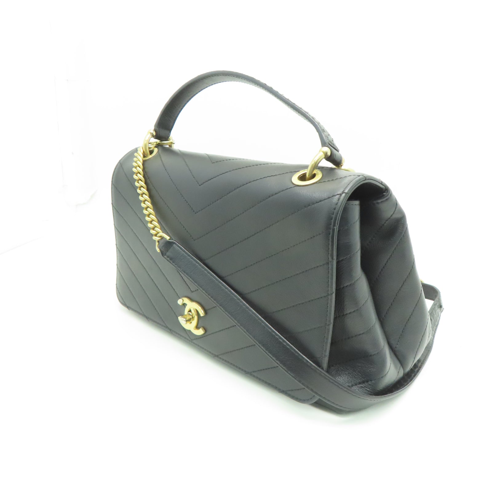 CHANEL 斜纹牛皮皮革/蛇皮皮革2 Way Shoulder Bag金扣链带肩背袋黑色