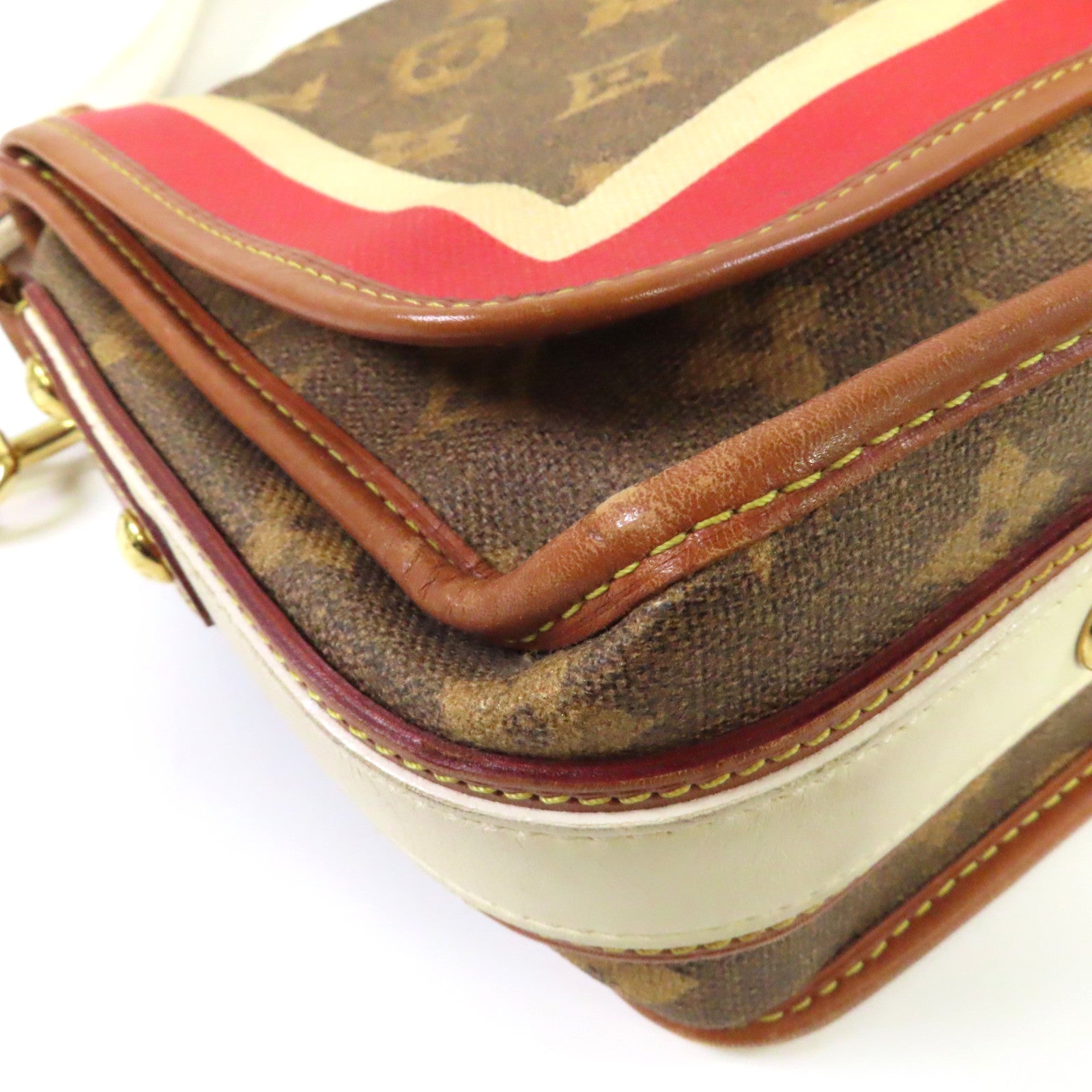 LOUIS VUITTON Monogram Tissue Rayures金扣肩背袋啡色/紅色/白色