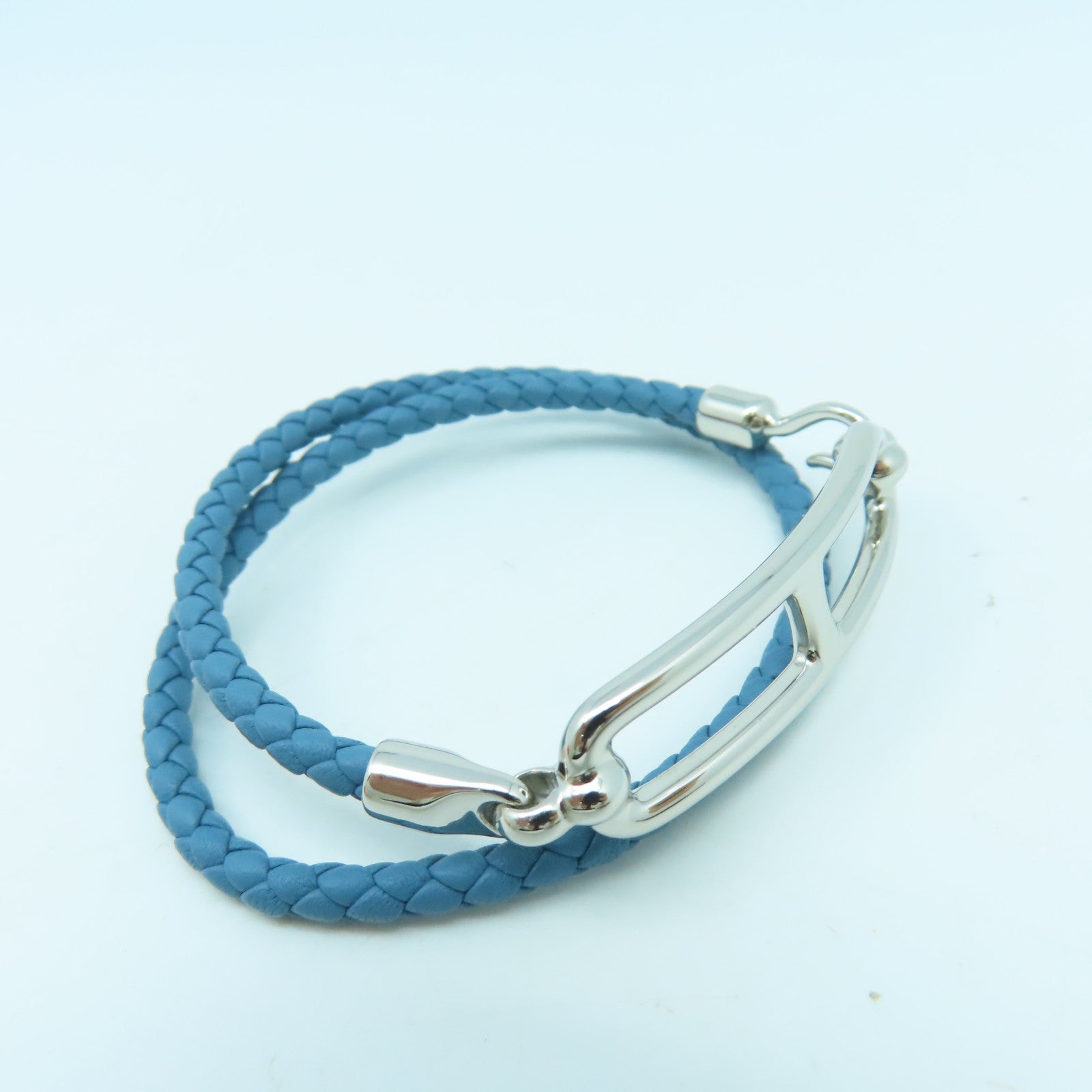 HERMES Swift皮革Roulis Double Tour Bracelet銀扣手鏈藍色