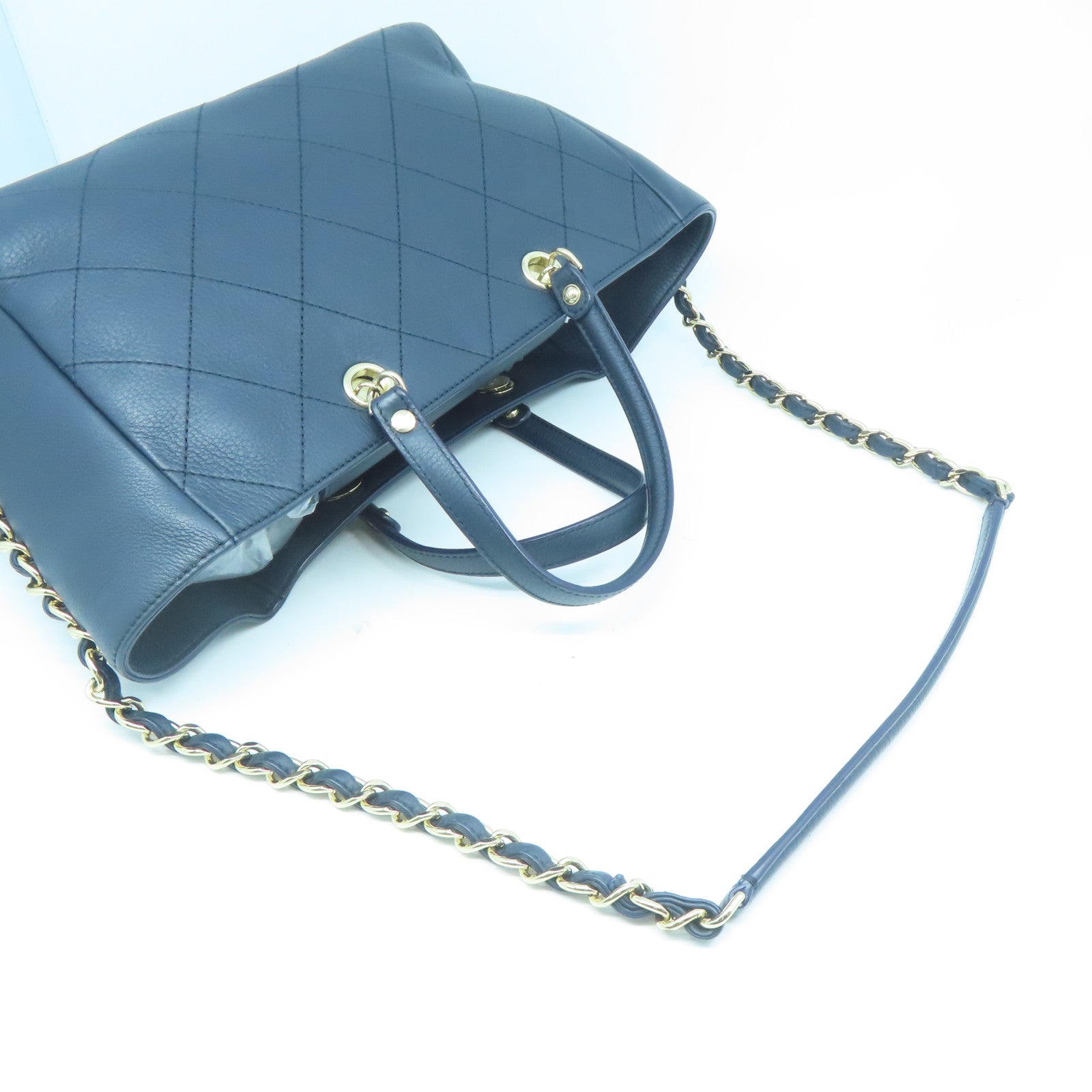 CHANEL 菱格牛皮皮革Tote Bag金扣鏈帶手挽肩背兩用袋藍色