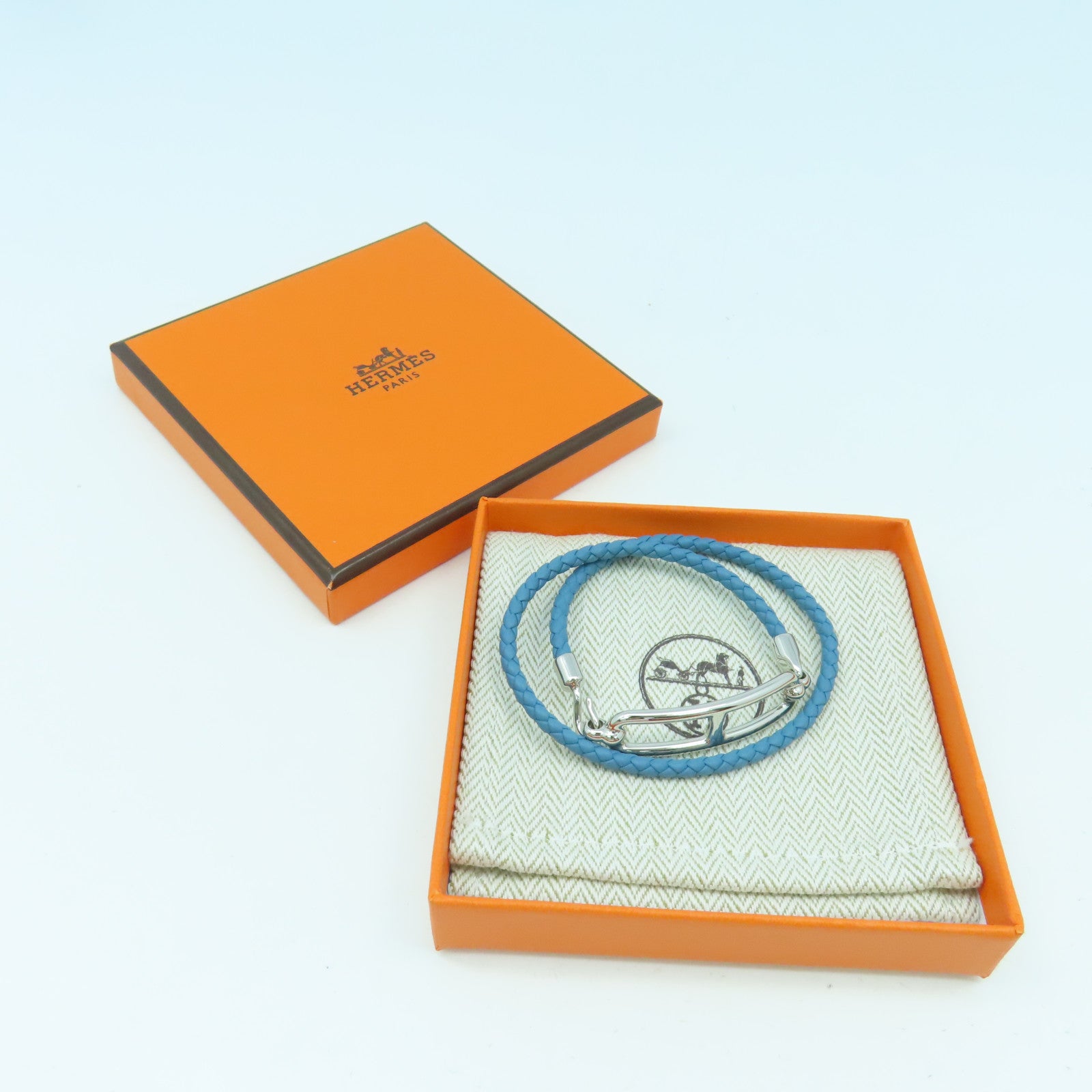 HERMES Swift皮革Roulis Double Tour Bracelet銀扣手鏈藍色