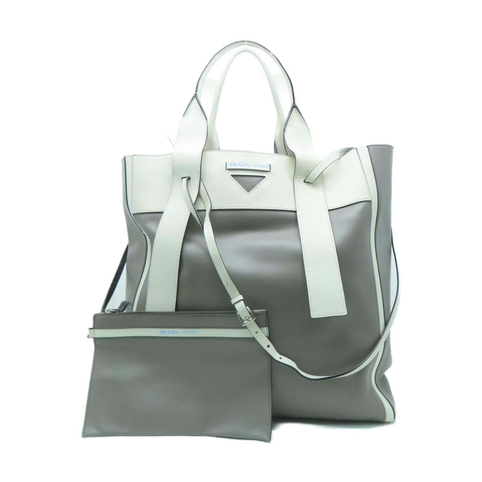 PRADA 牛皮皮革Tote Bag銀扣手挽肩背兩用袋灰色/白色