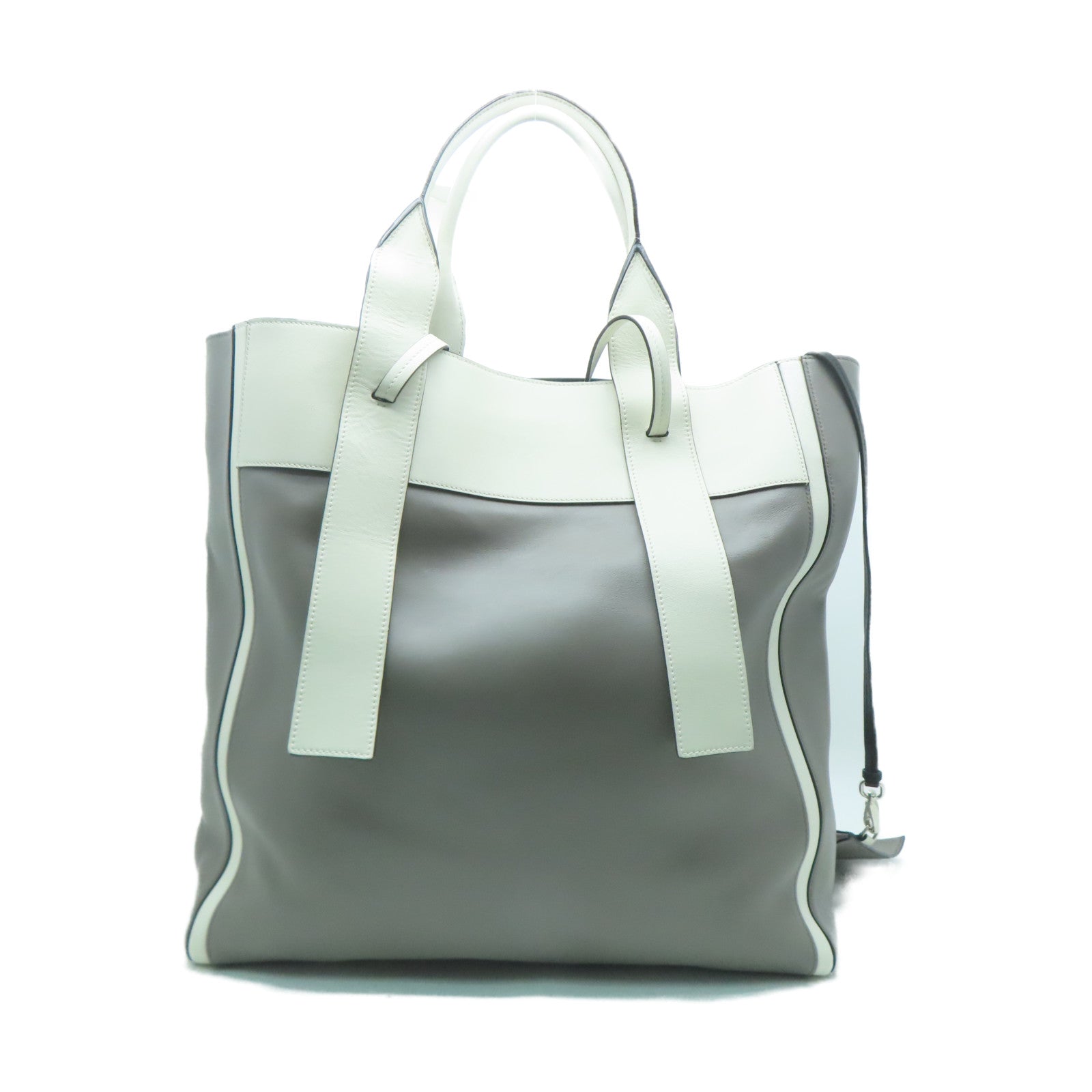 PRADA 牛皮皮革Tote Bag銀扣手挽肩背兩用袋灰色/白色