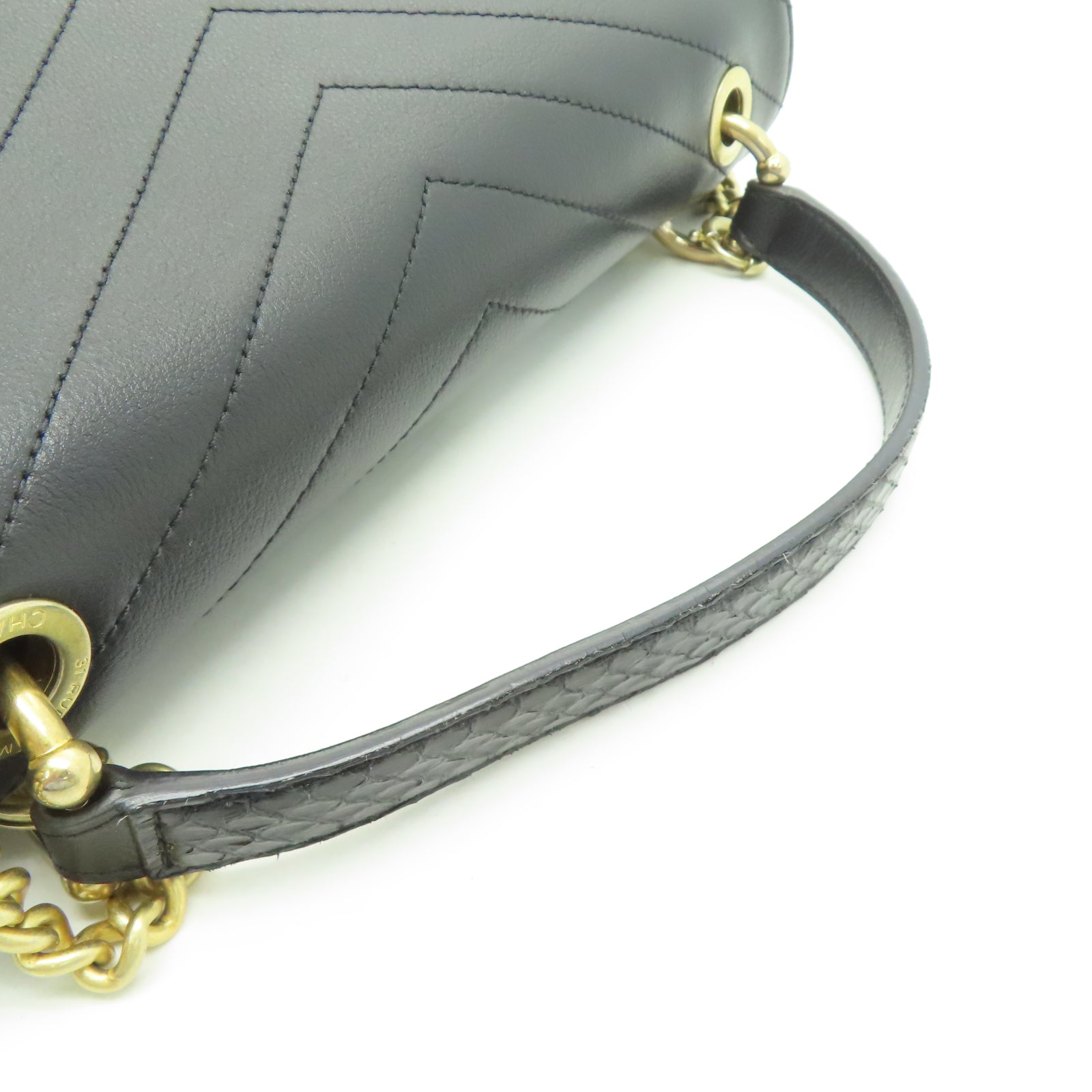 CHANEL 斜纹牛皮皮革/蛇皮皮革2 Way Shoulder Bag金扣链带肩背袋黑色
