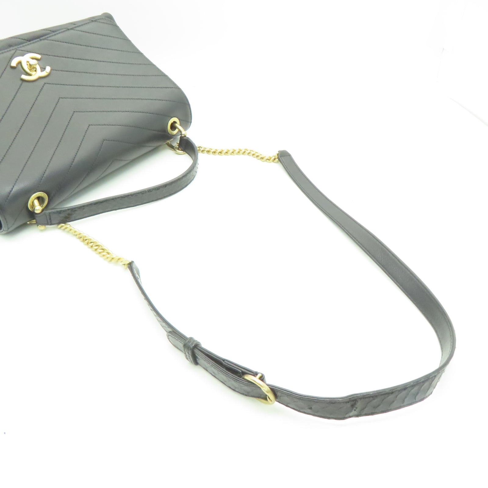 CHANEL 斜纹牛皮皮革/蛇皮皮革2 Way Shoulder Bag金扣链带肩背袋黑色