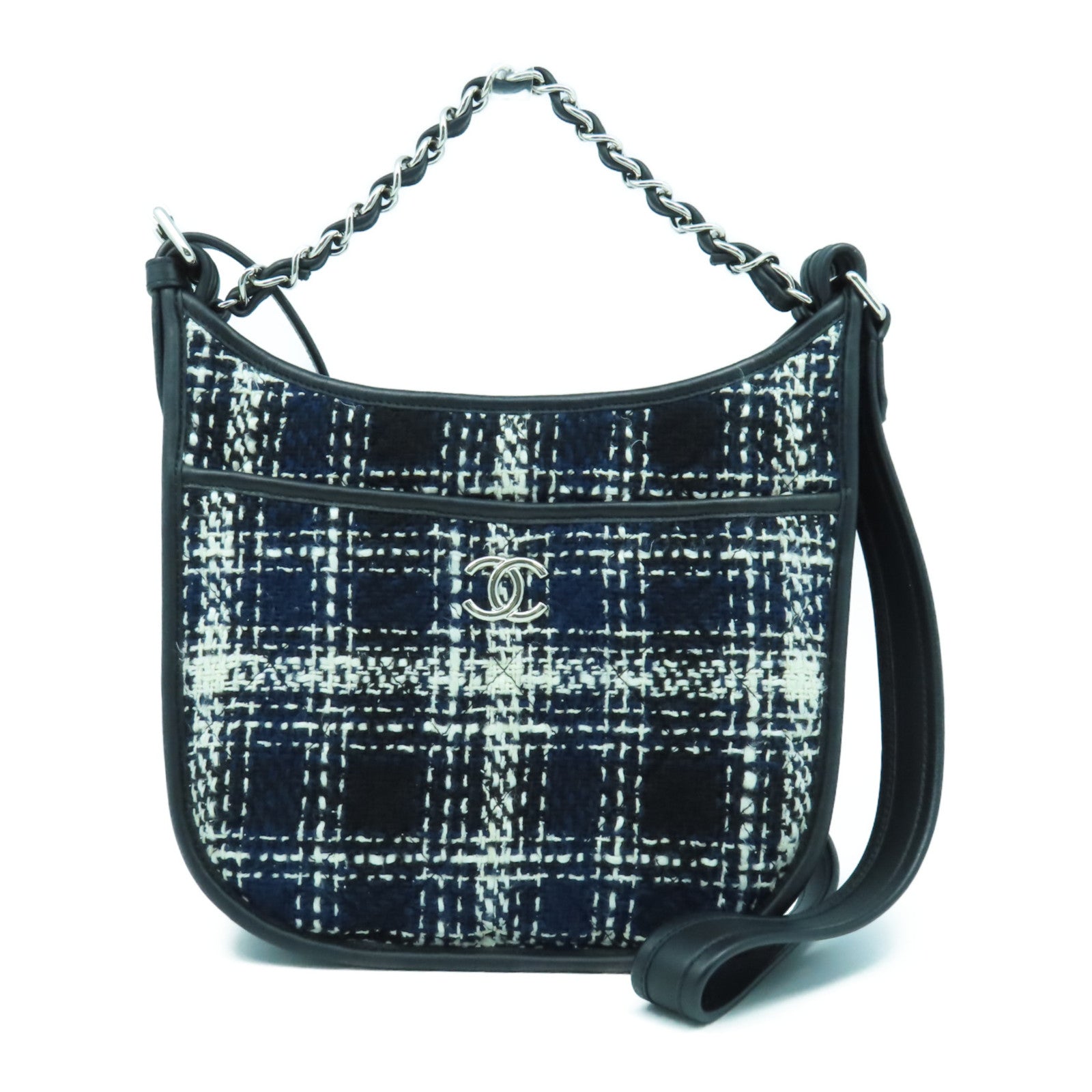 CHANEL 斜紋軟呢/牛皮皮革2 way Shoulder Bag銀扣手挽肩背兩用袋黑色/藍色