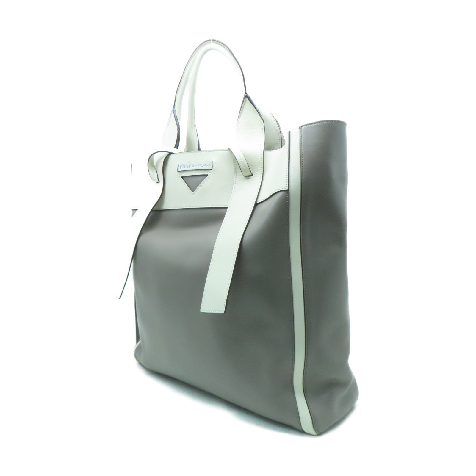 PRADA 牛皮皮革Tote Bag銀扣手挽肩背兩用袋灰色/白色