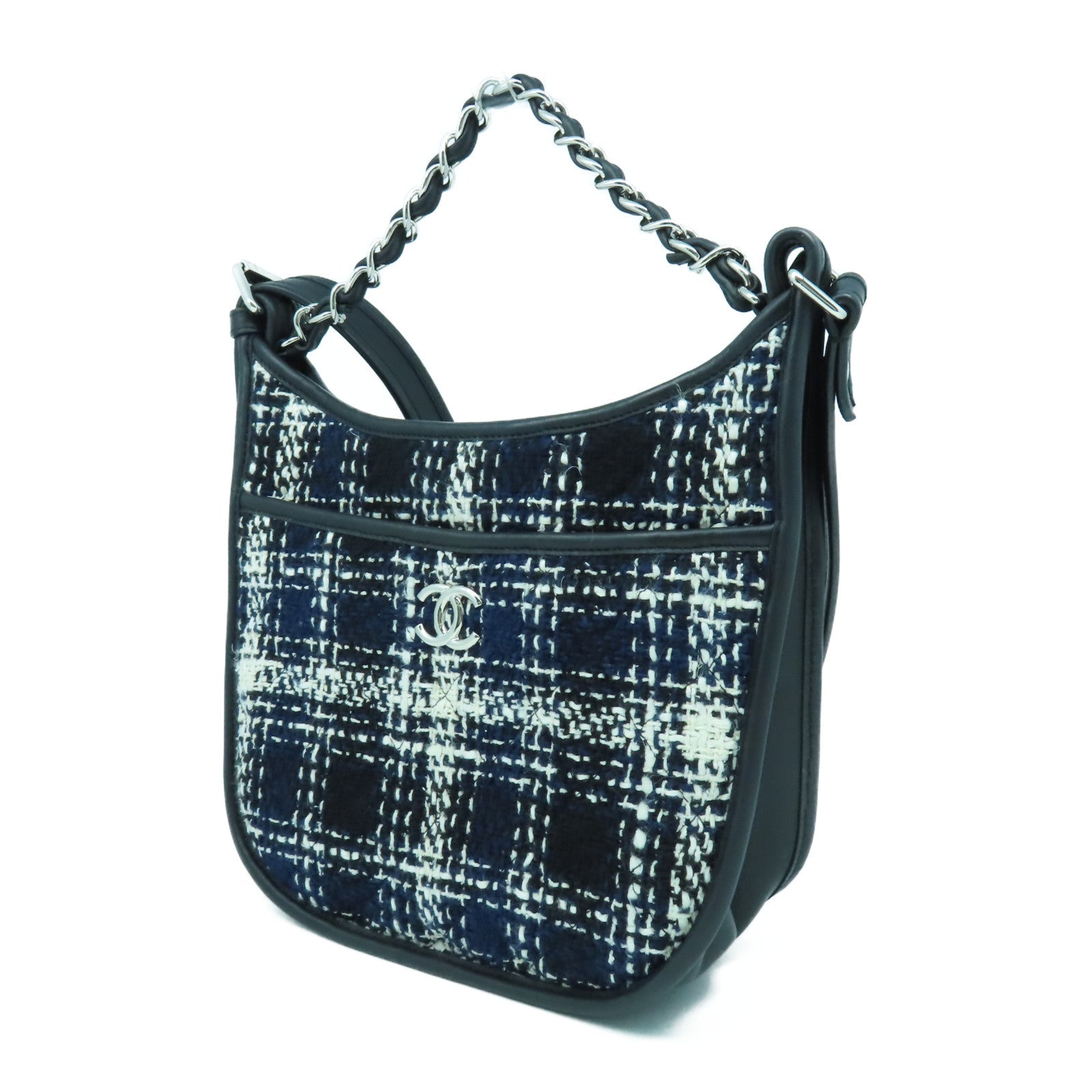 CHANEL 斜紋軟呢/牛皮皮革2 way Shoulder Bag銀扣手挽肩背兩用袋黑色/藍色