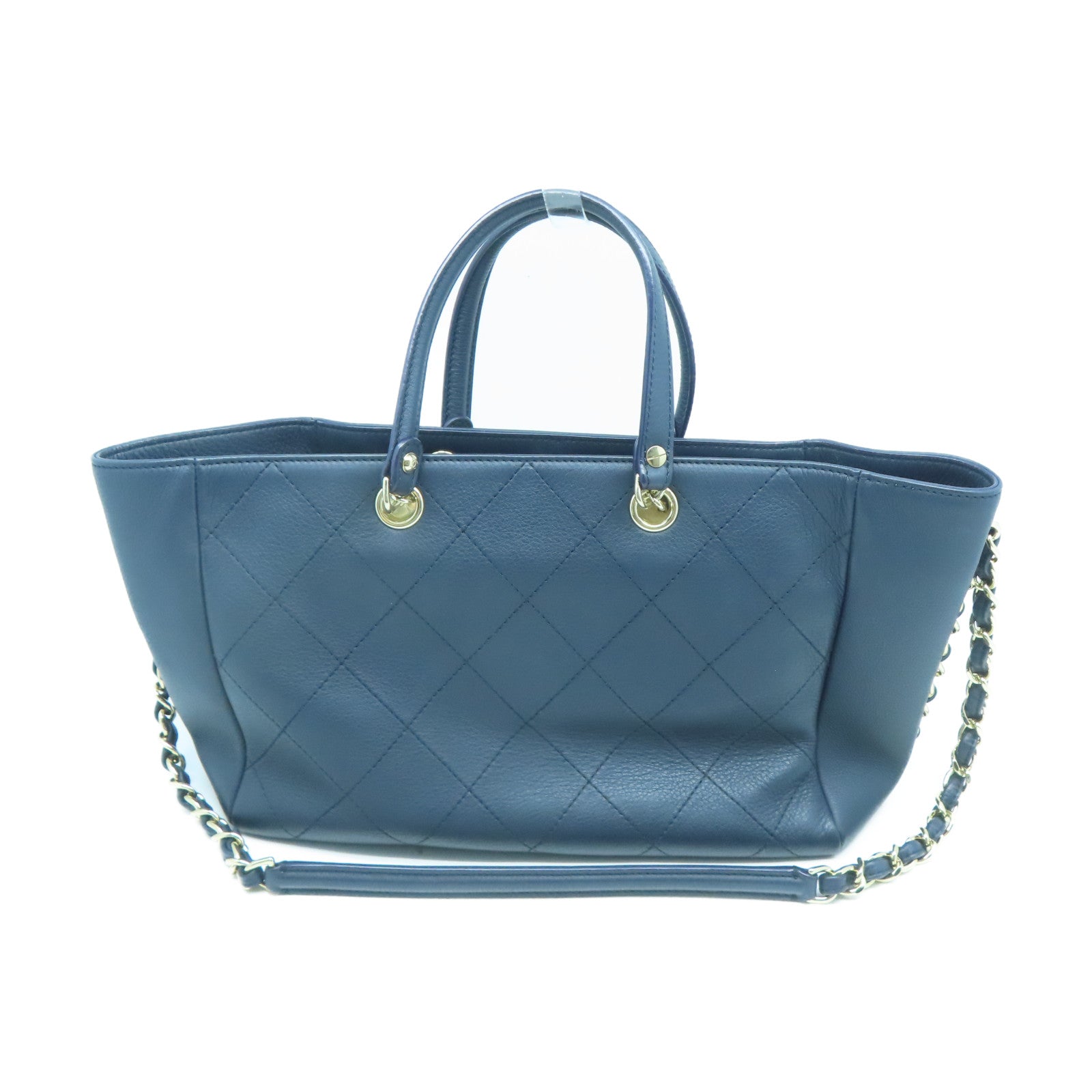 CHANEL 菱格牛皮皮革Tote Bag金扣鏈帶手挽肩背兩用袋藍色