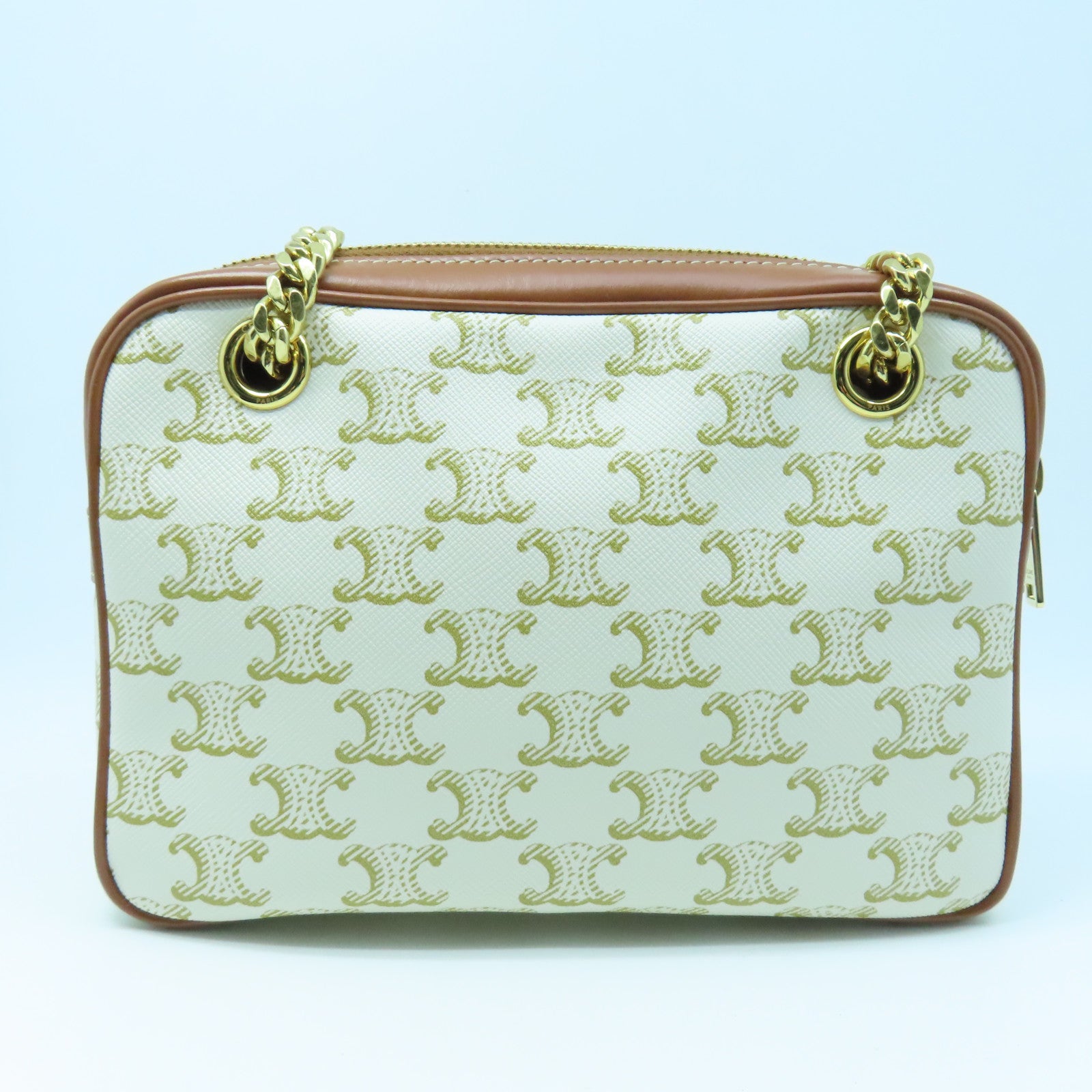 CELINE Coated Canvas Small Patapan Bag Gold Buckle Chain Strap Shoulder Bag White/Brown