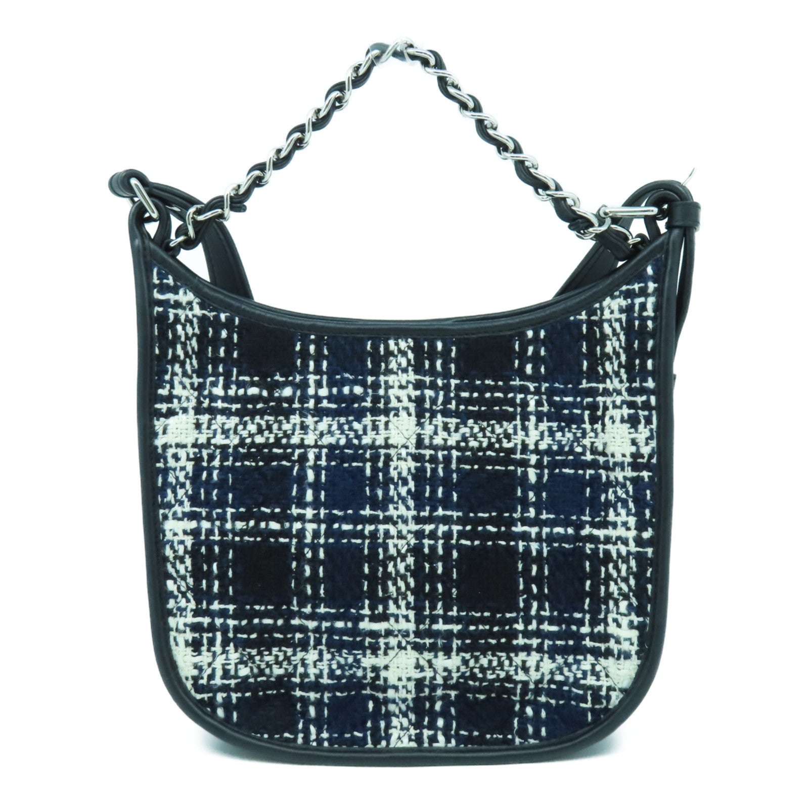 CHANEL 斜紋軟呢/牛皮皮革2 way Shoulder Bag銀扣手挽肩背兩用袋黑色/藍色