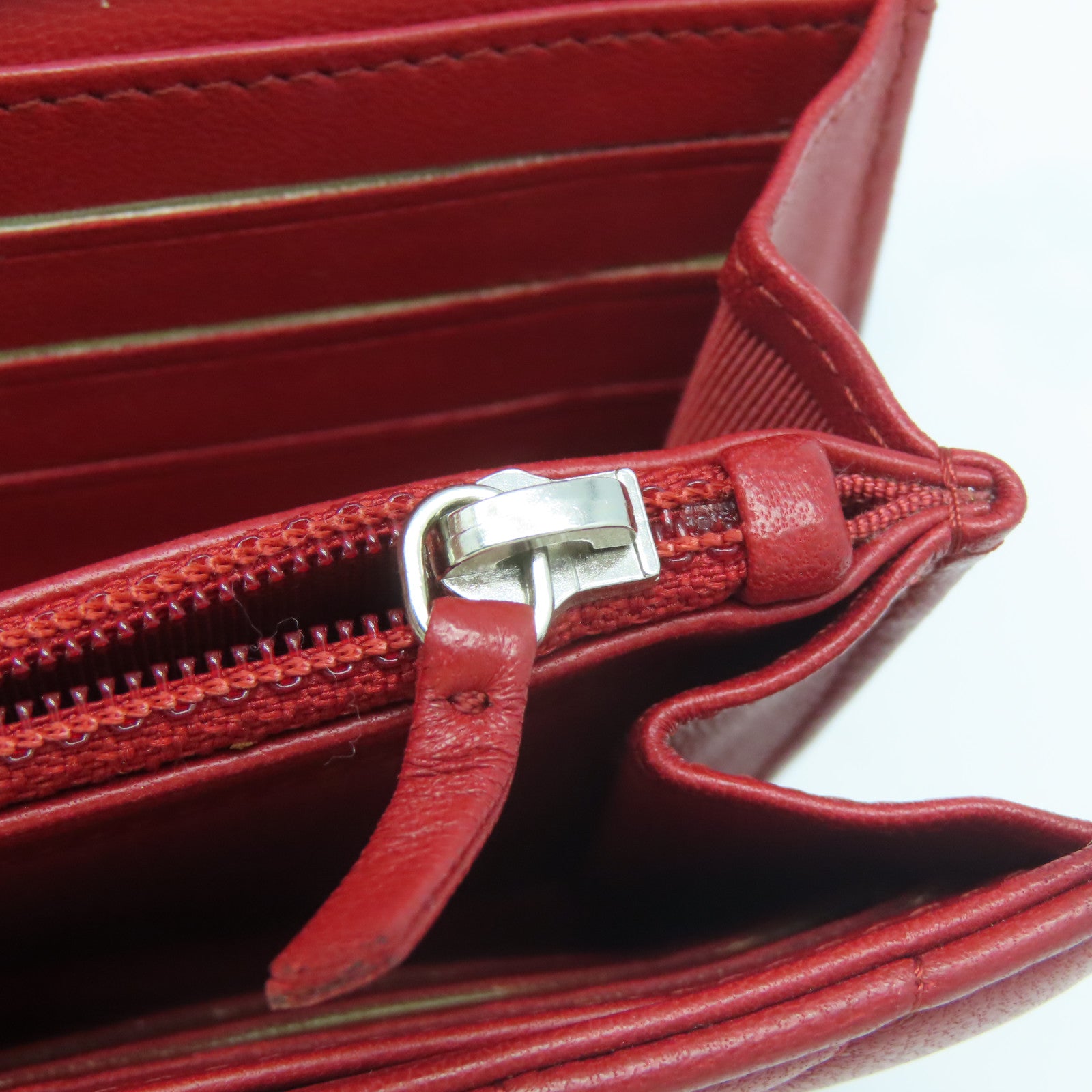 CHANEL 菱格牛皮皮革Wallet銀扣長錢包紅色