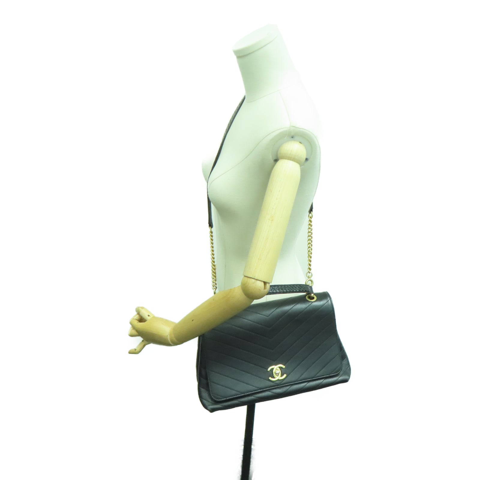 CHANEL 斜纹牛皮皮革/蛇皮皮革2 Way Shoulder Bag金扣链带肩背袋黑色