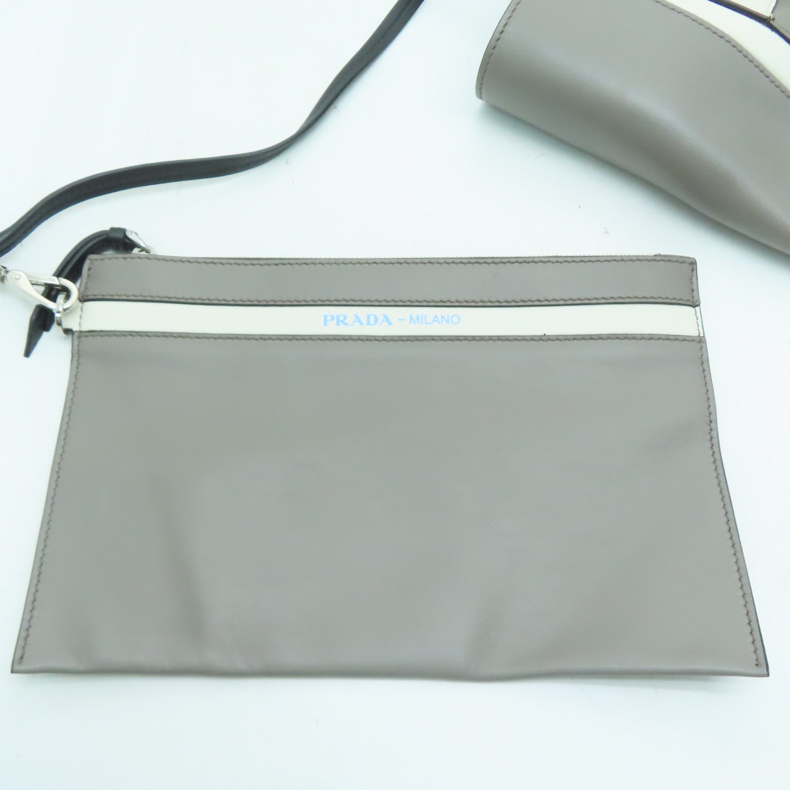 PRADA 牛皮皮革Tote Bag銀扣手挽肩背兩用袋灰色/白色