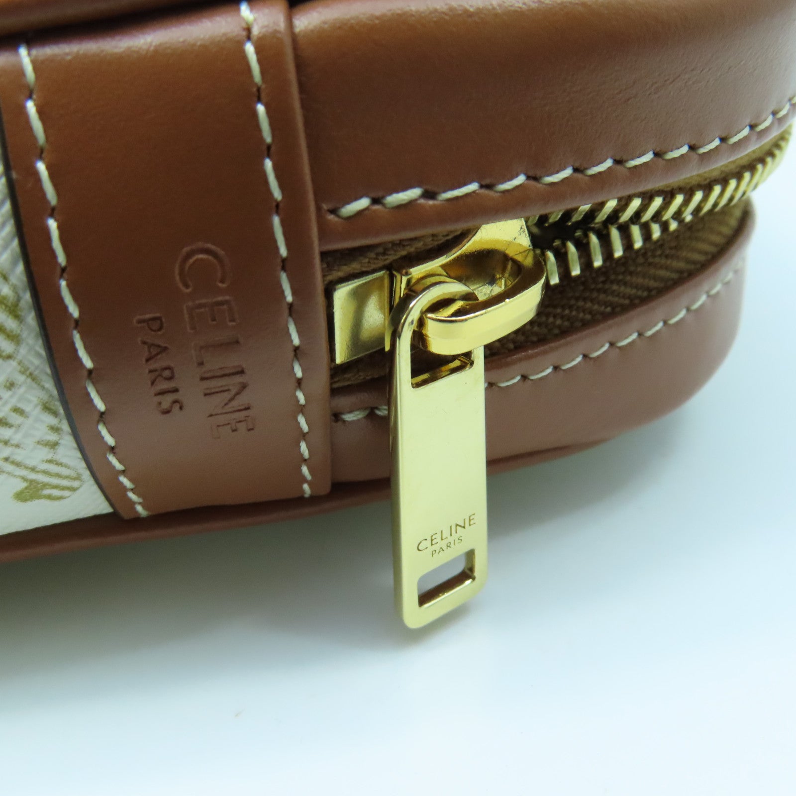 CELINE Coated Canvas Small Patapan Bag Gold Buckle Chain Strap Shoulder Bag White/Brown