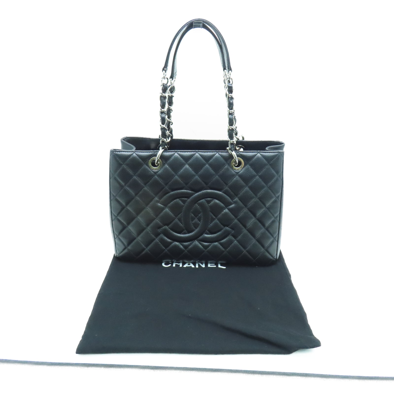 CHANEL 菱格Caviar皮革GST銀扣鏈帶肩背袋黑色